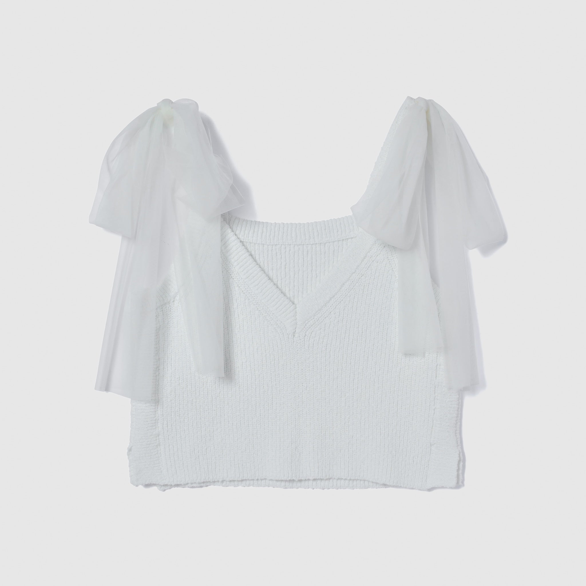 Cotton Boucle Knit Tulle Ribbon Cami