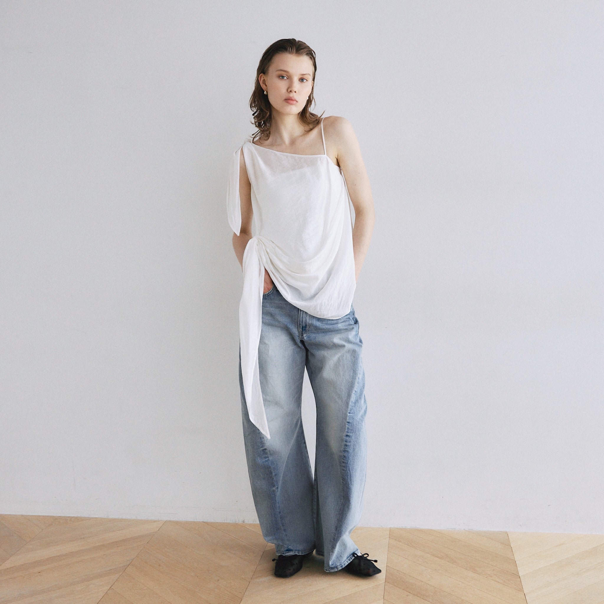 Asymmetry Ribbon SheerトップスSET