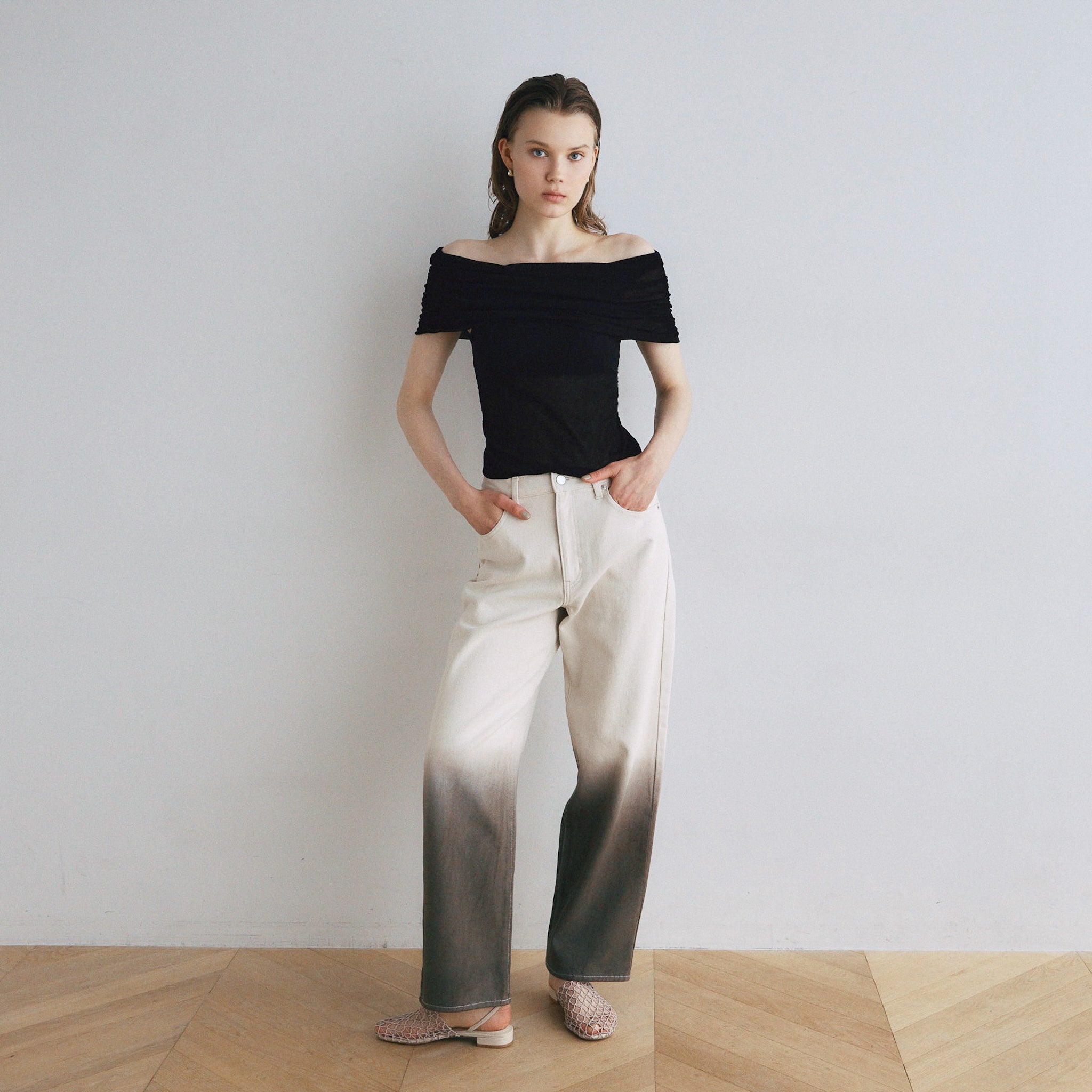 FineYarn RIB Knitオフショルトップス
