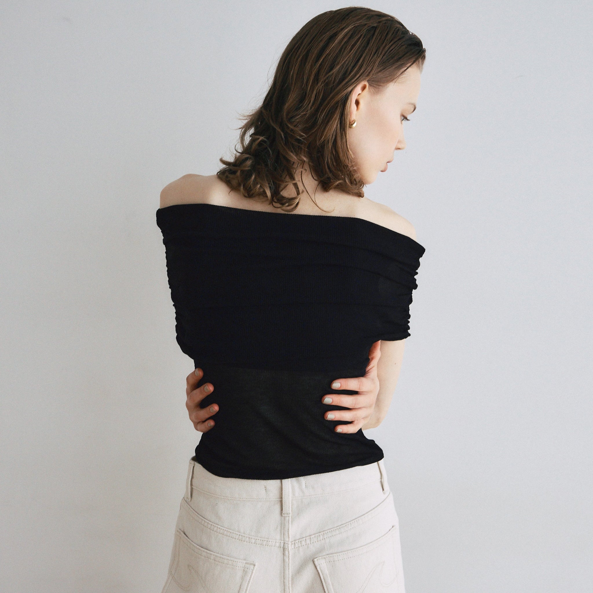 FineYarn RIB Knitオフショルトップス