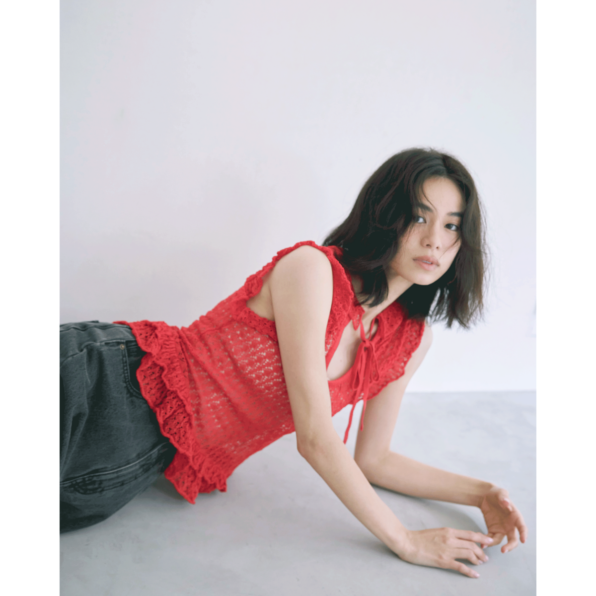 Mesh Frill Sheer Knit Top