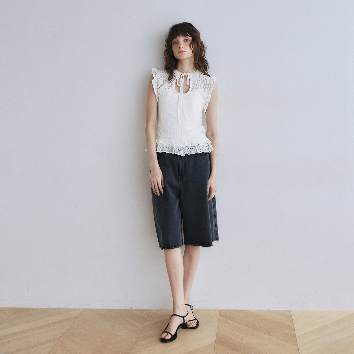 Mesh Frill Sheer Knit Top