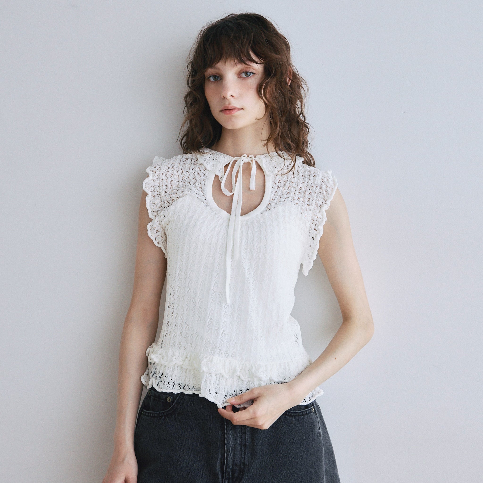 Mesh FrillシアーKnitトップス