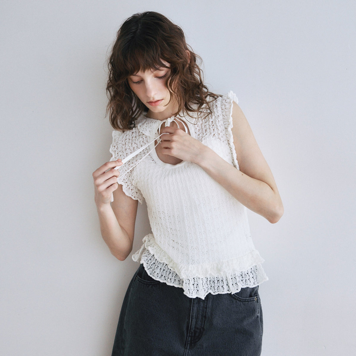 Mesh Frill Sheer Knit Top