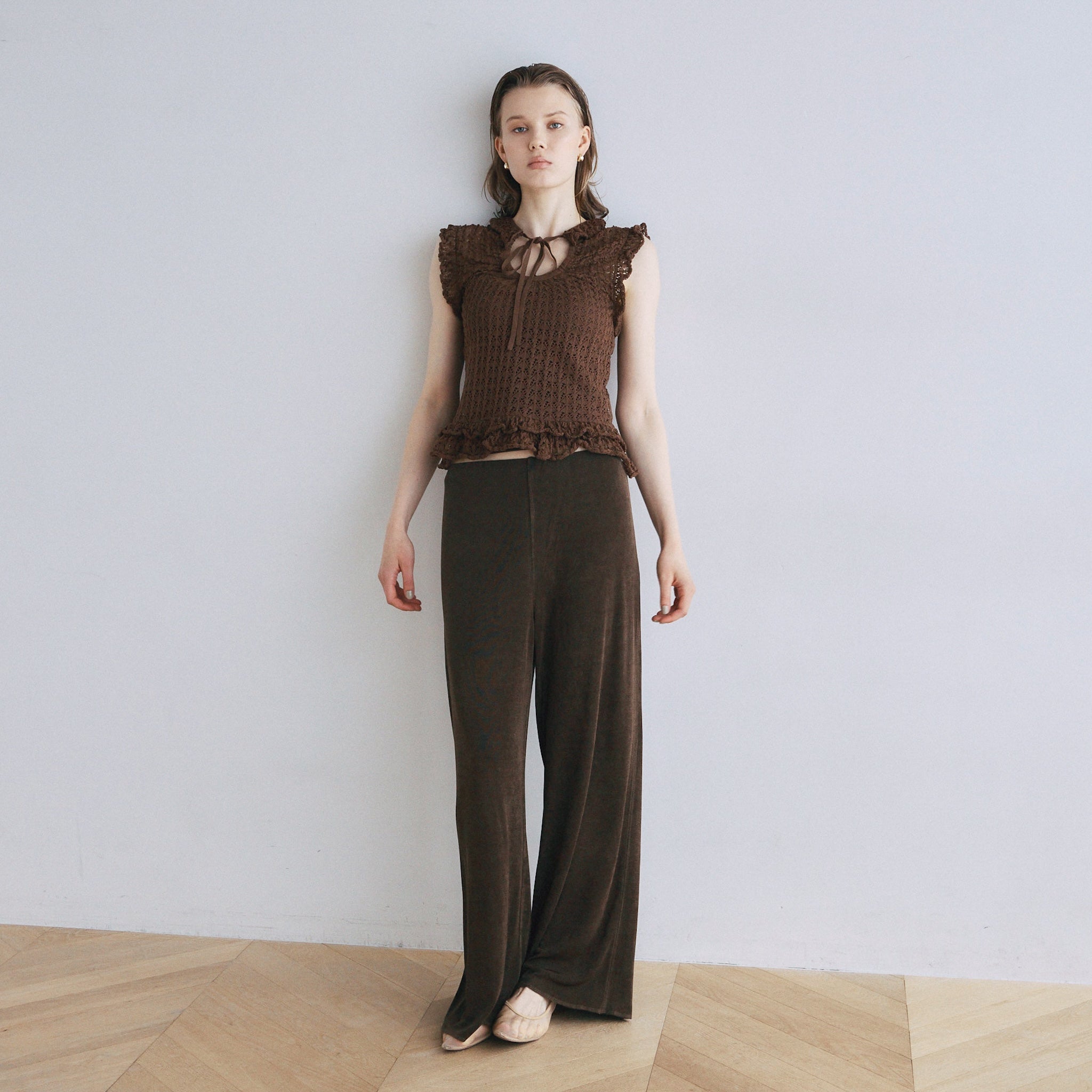 Mesh FrillシアーKnitトップス