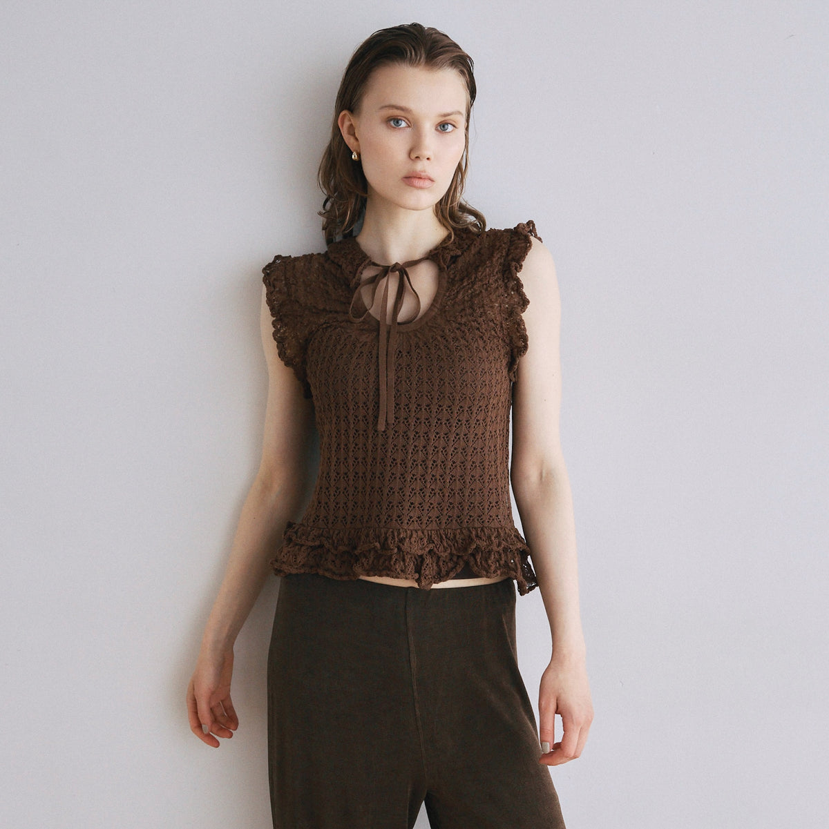 Mesh Frill Sheer Knit Top