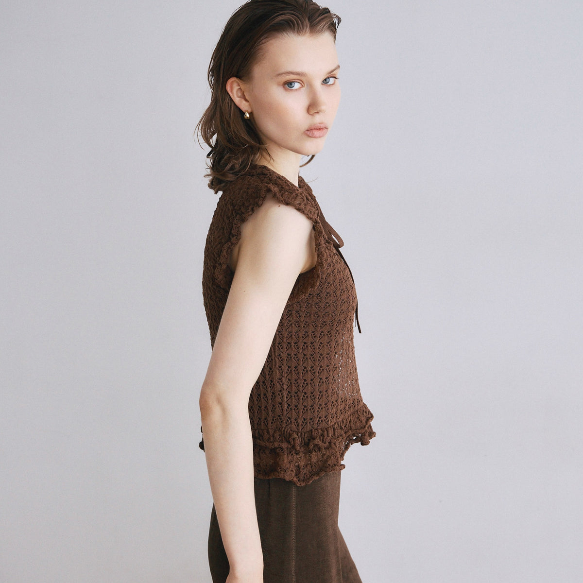 Mesh Frill Sheer Knit Top
