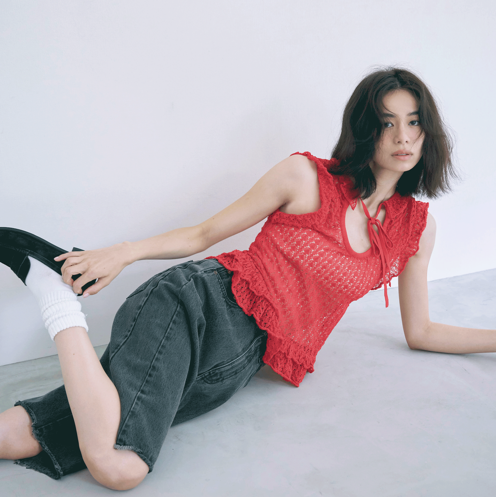 Mesh FrillシアーKnitトップス