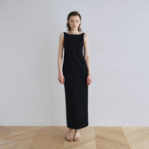 Pad-in back-open boat neck dress