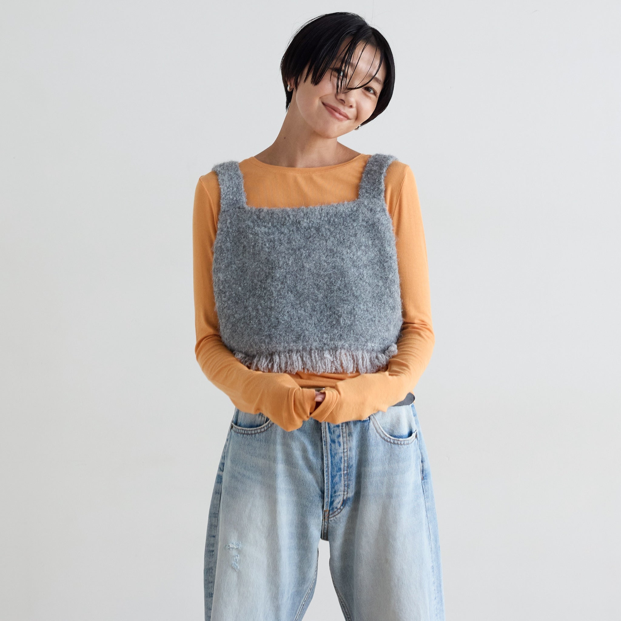 Curlブークレ2way Knit フリンジベスト