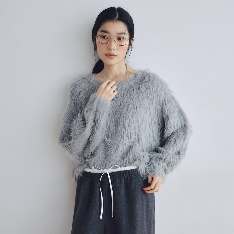 ヘアリーシャギーボートネックトップス