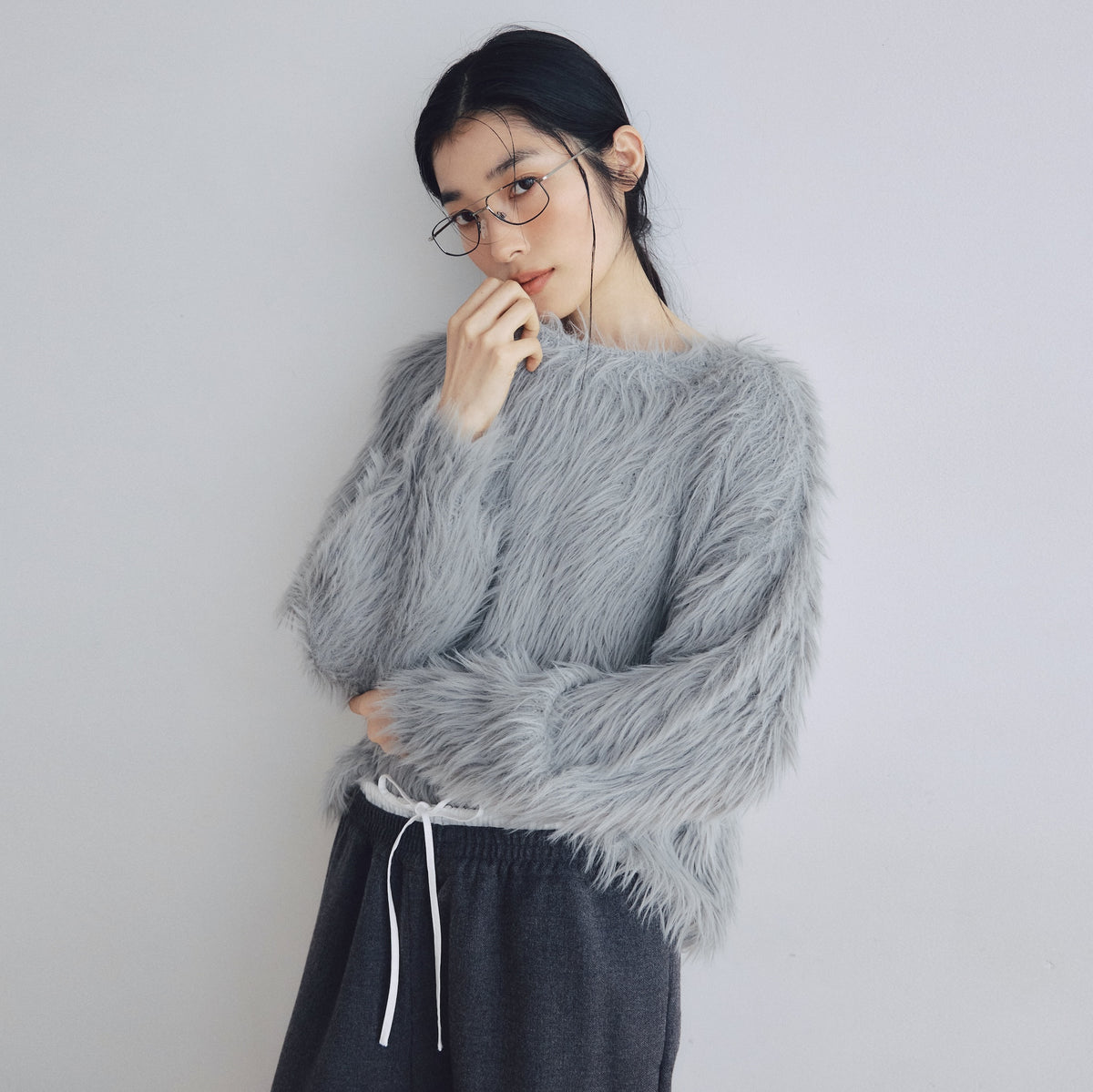 ヘアリーシャギーボートネックトップス
