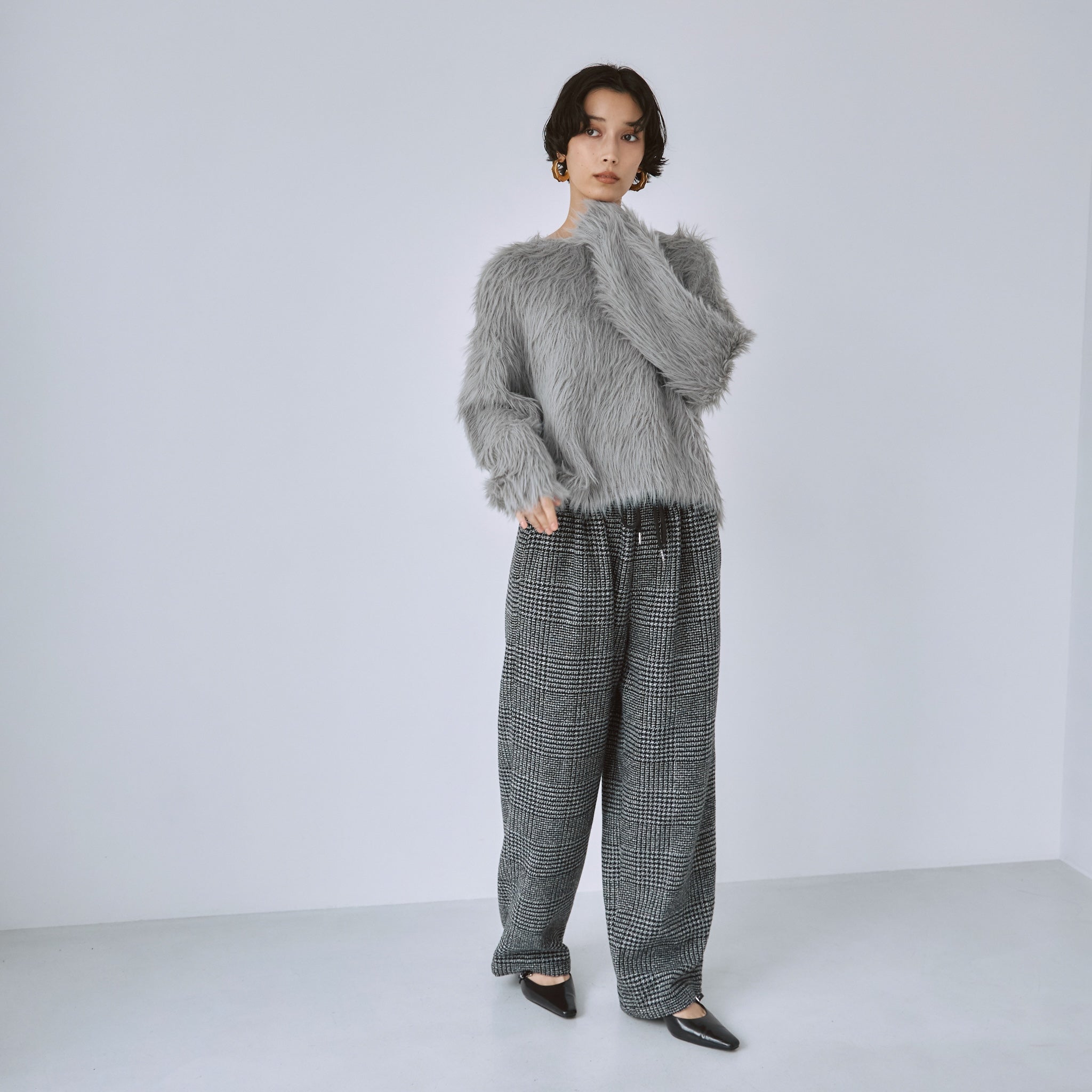 ヘアリーシャギーボートネックトップス