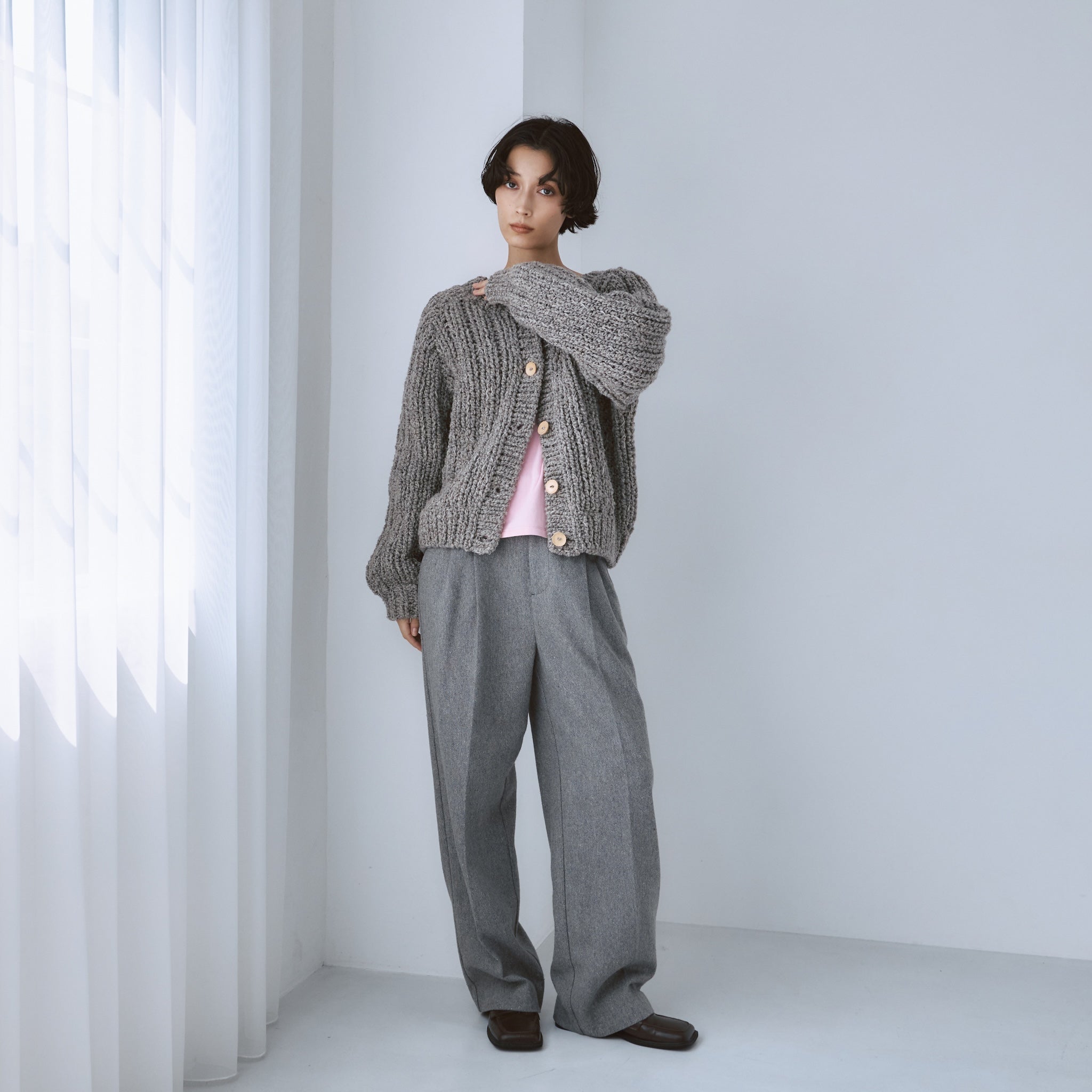 Hand made WoolブークレMixカーディガン