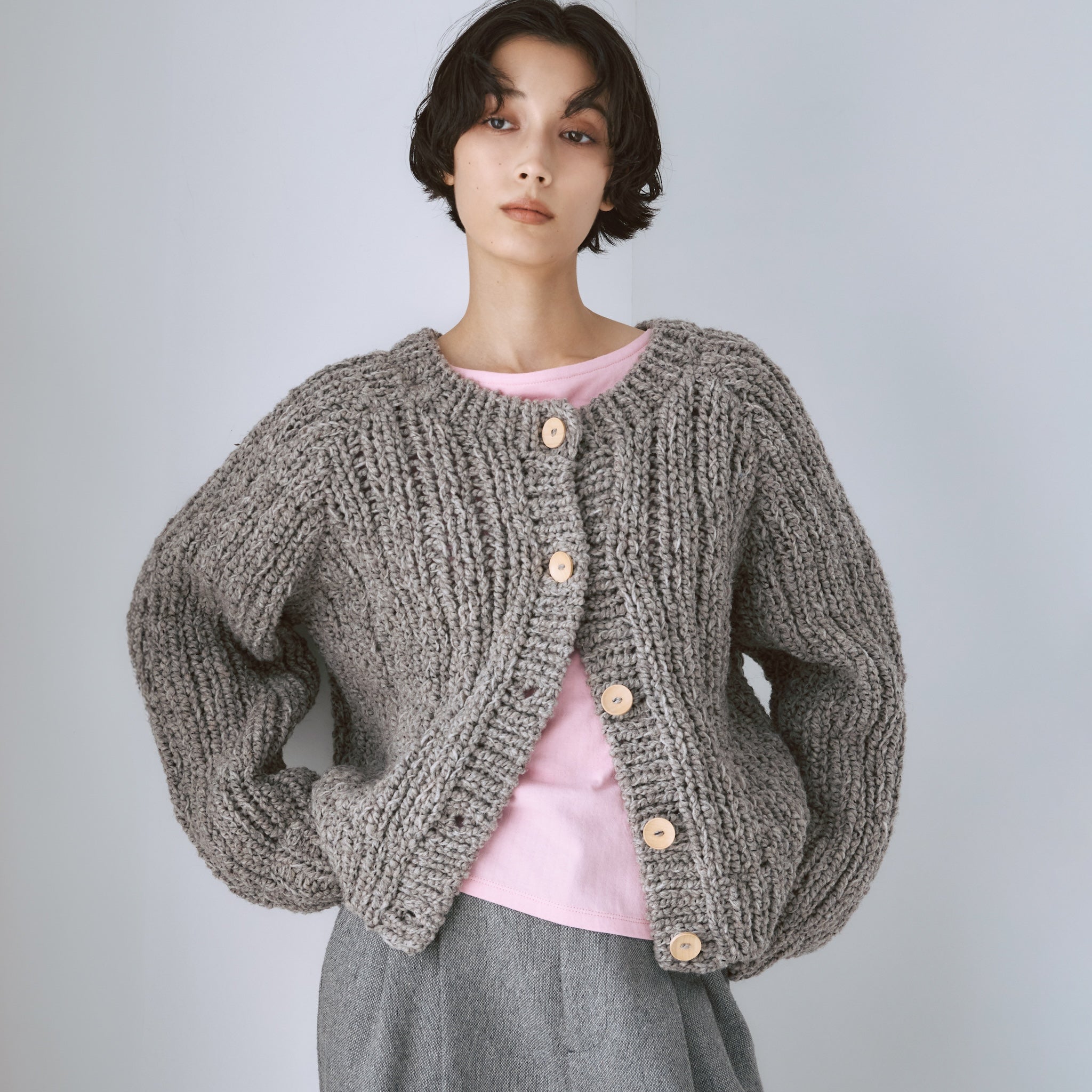 Hand made WoolブークレMixカーディガン