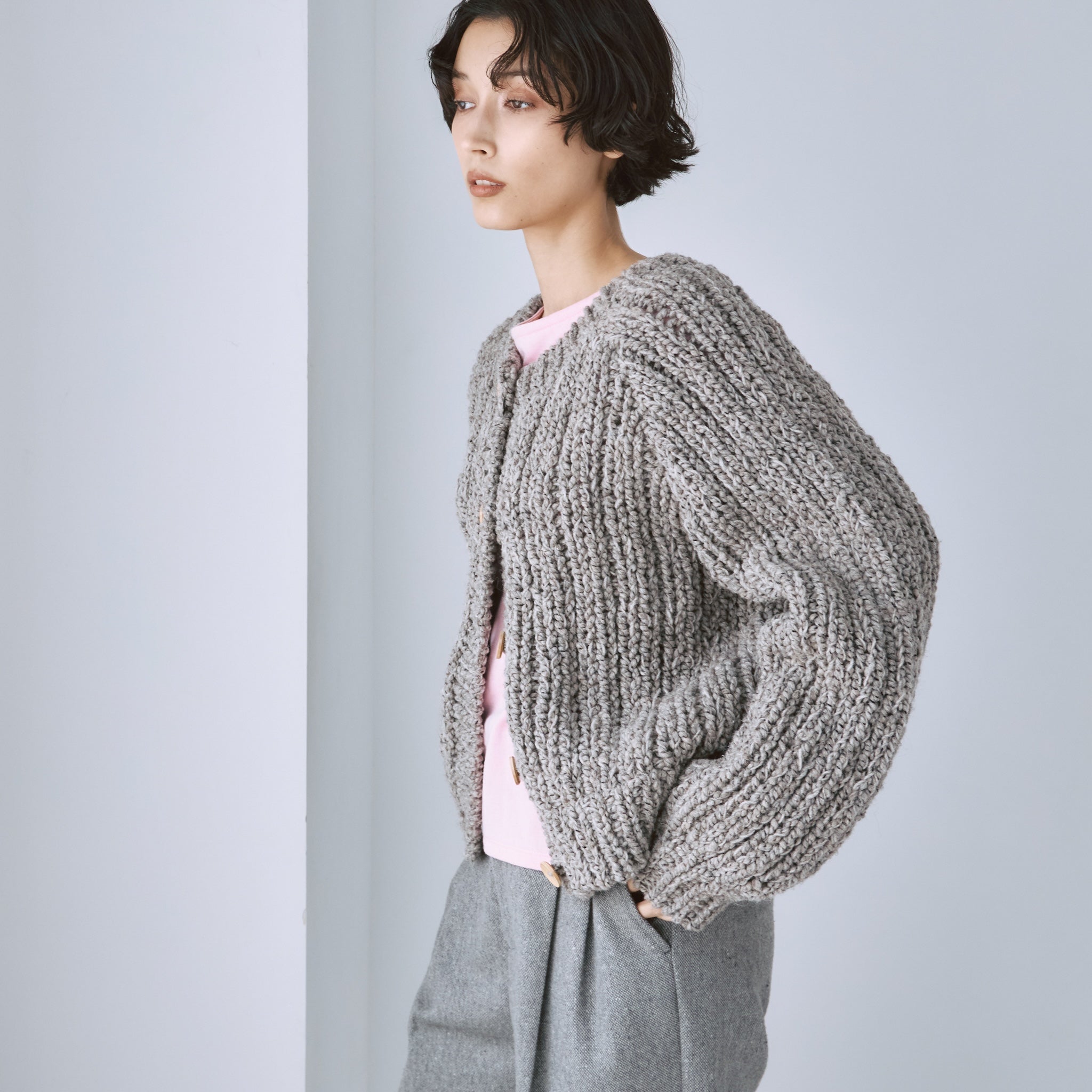 Hand made WoolブークレMixカーディガン