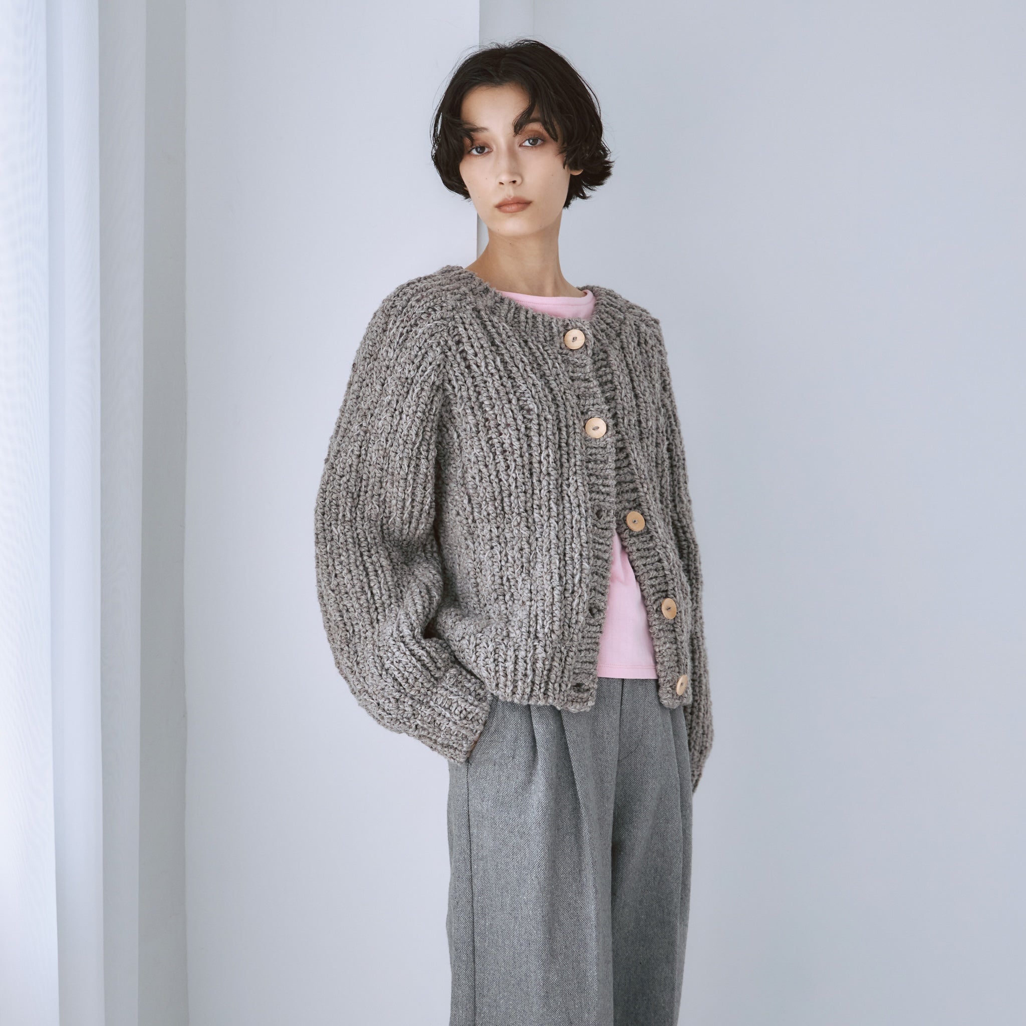 Hand made WoolブークレMixカーディガン