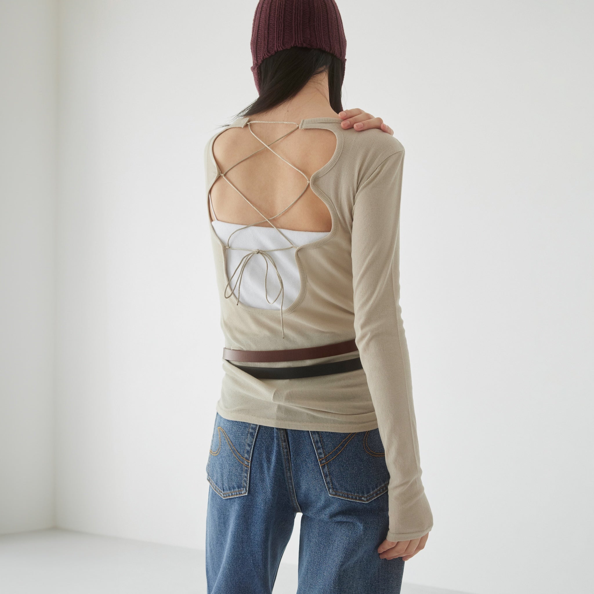 Soft sheer RIBレースアップトップス