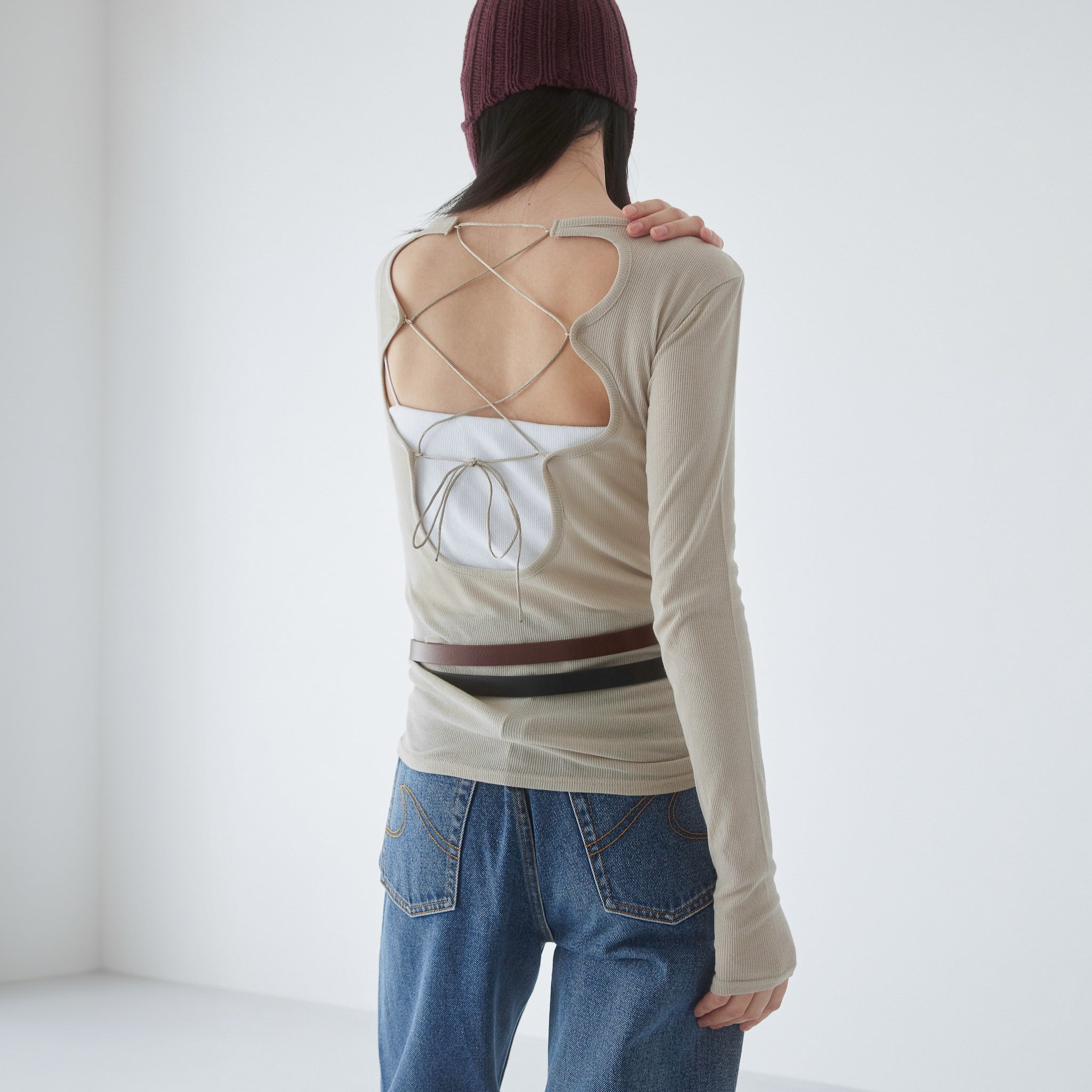 Soft sheer RIBレースアップトップス Soft sheer RIBレースアップトップス