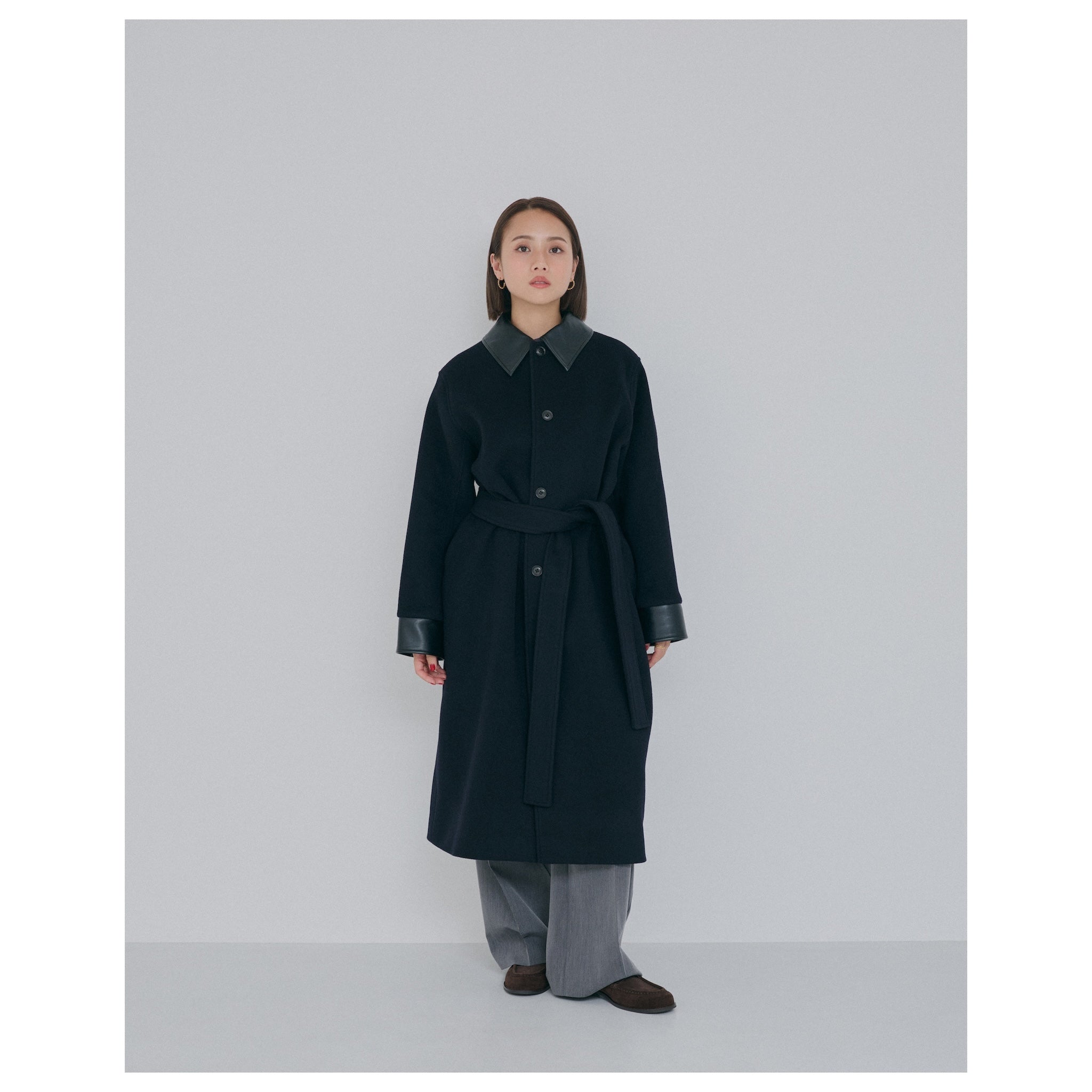 Collab leather collar wool coat