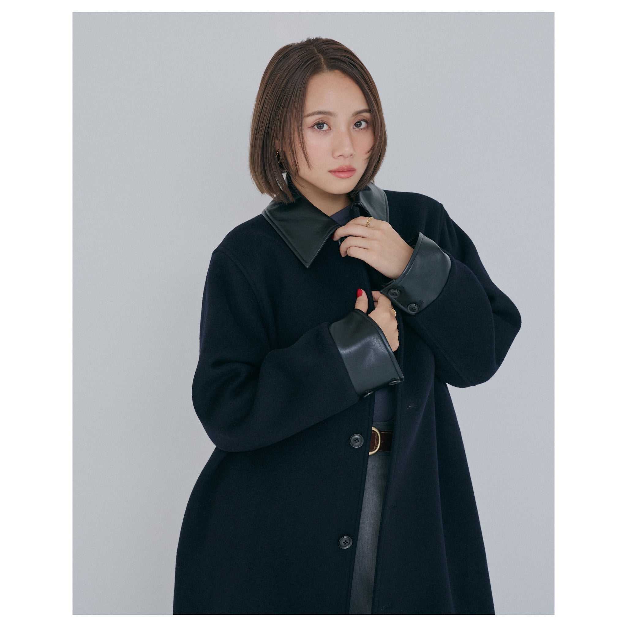 Collab leather collar wool coat