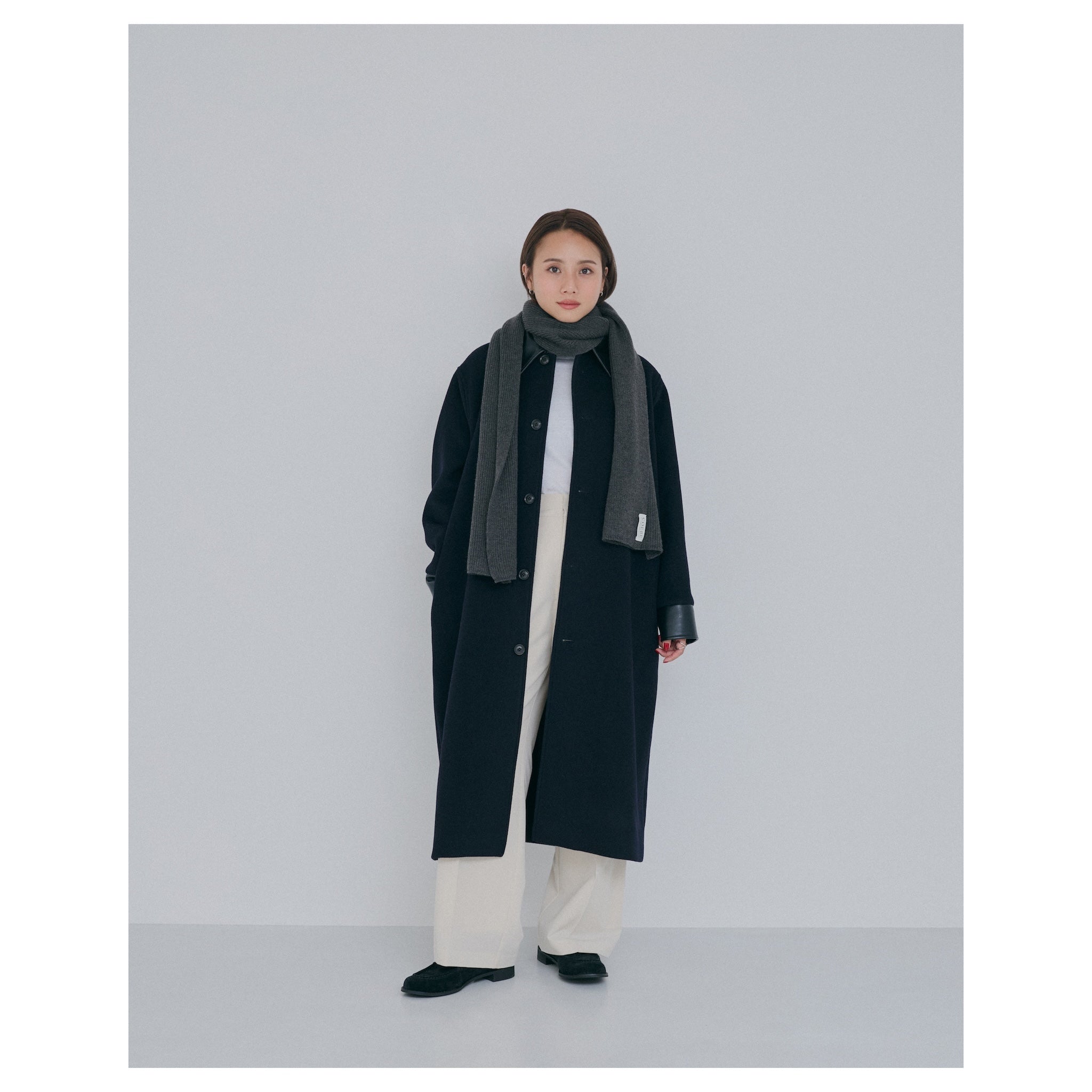 Collab leather collar wool coat
