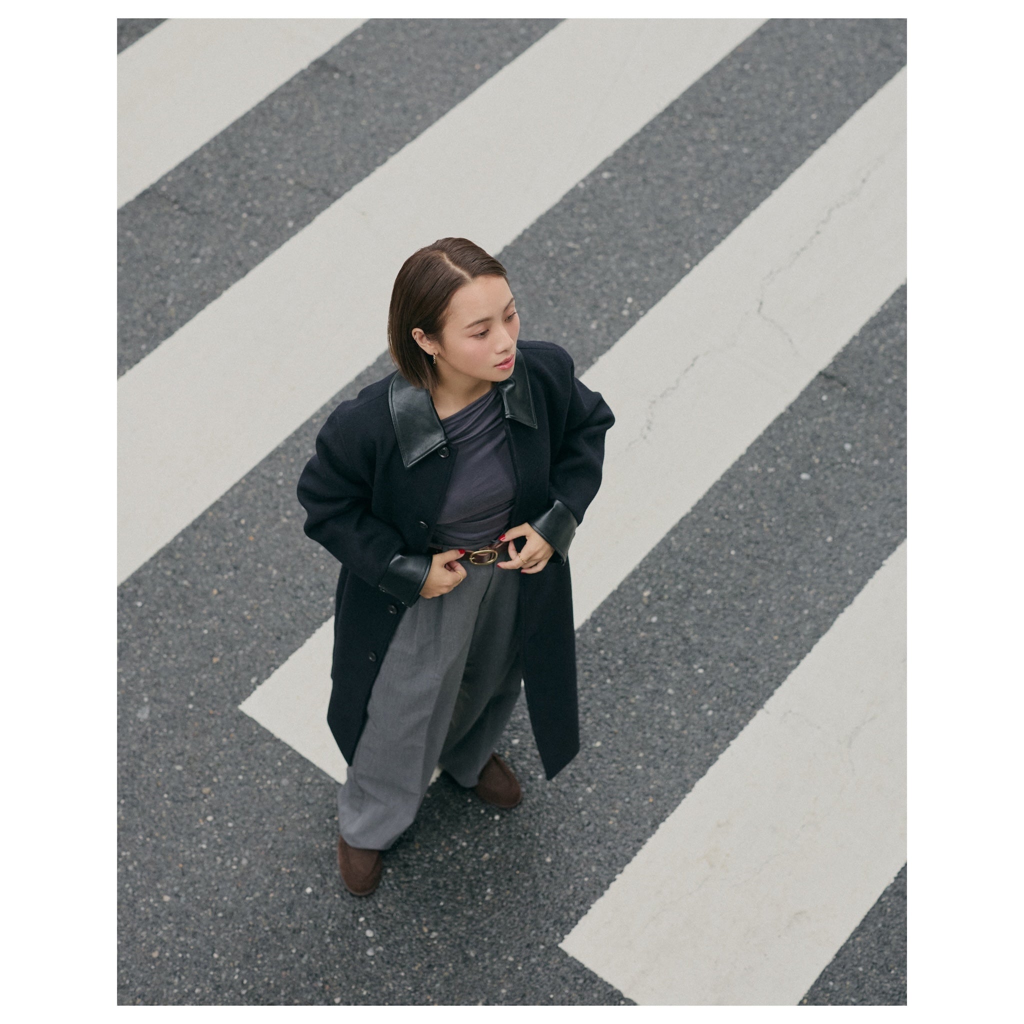 Collab leather collar wool coat