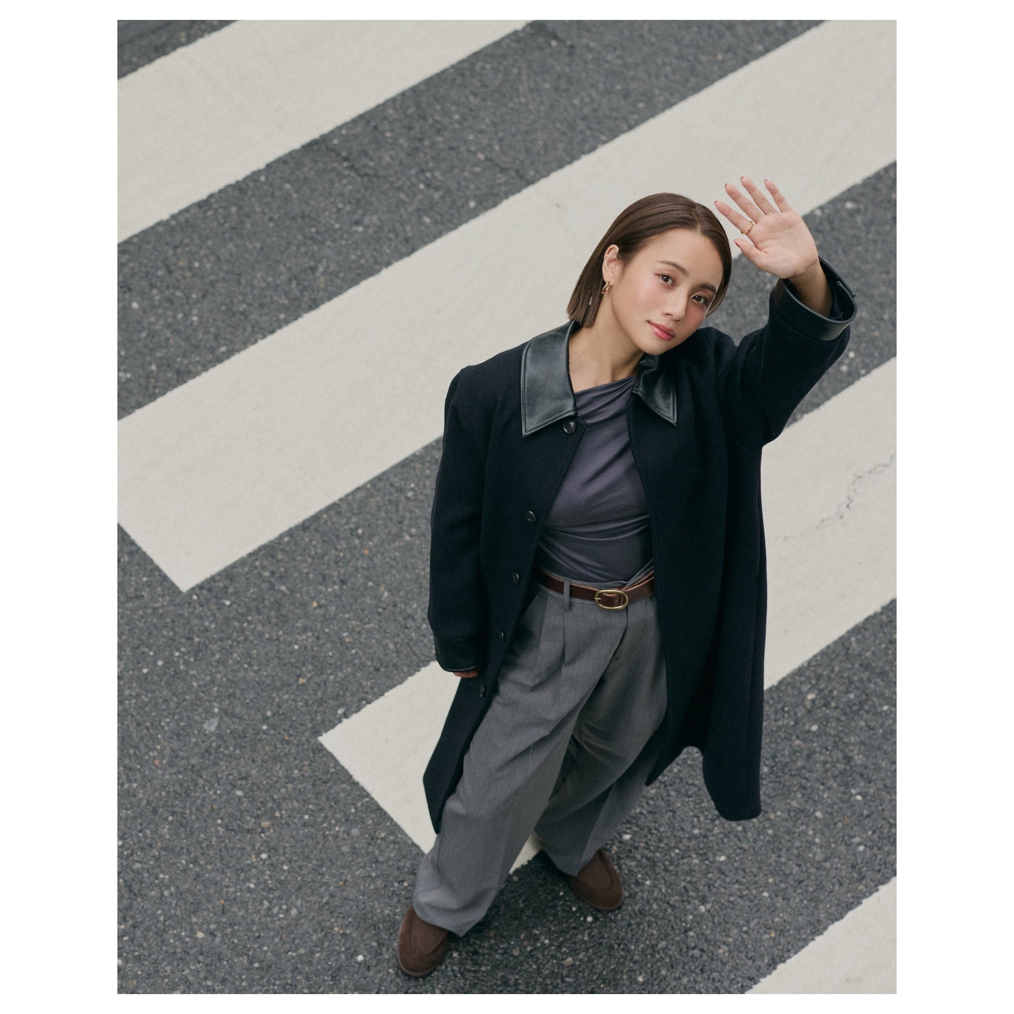 Collab leather collar wool coat