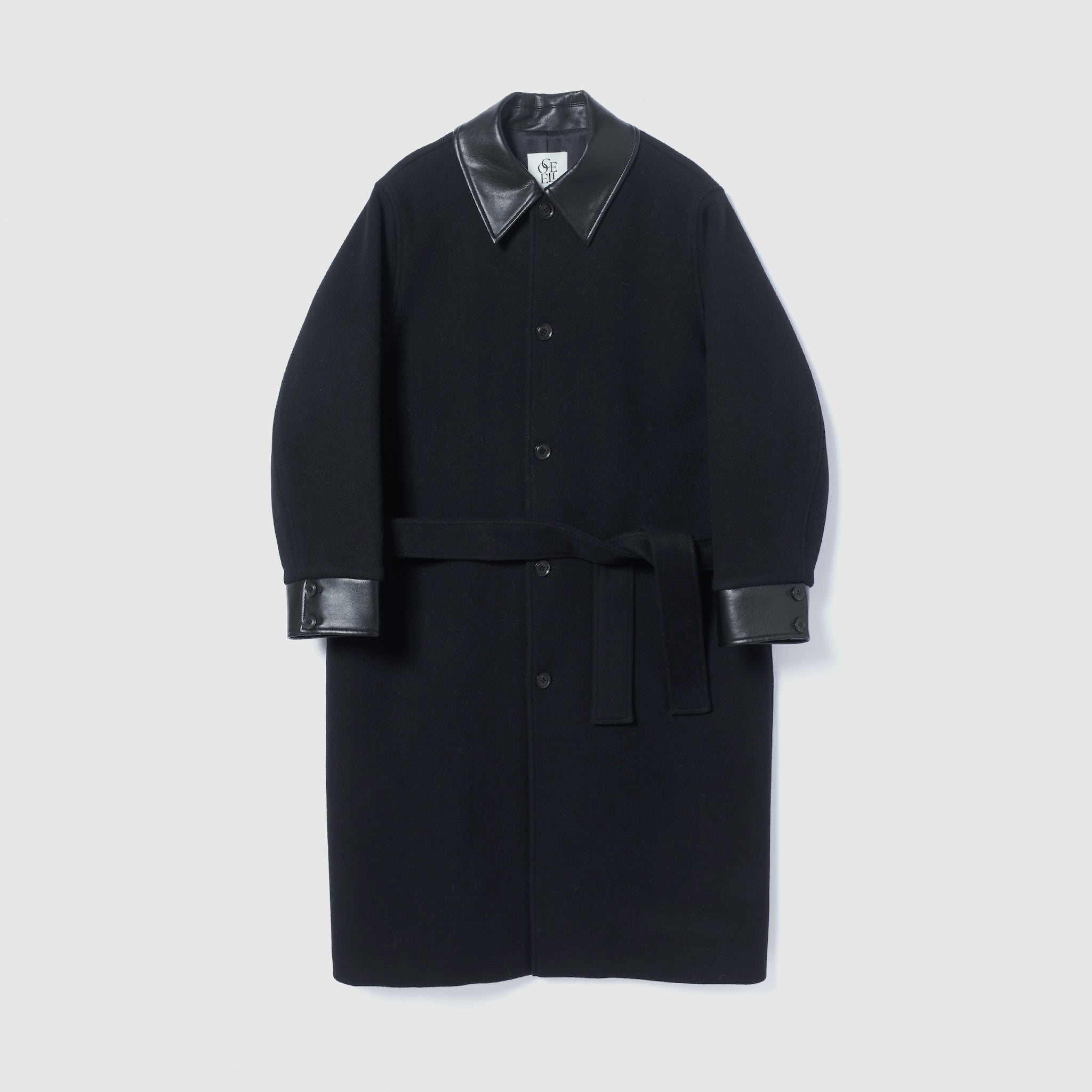 Collab leather collar wool coat