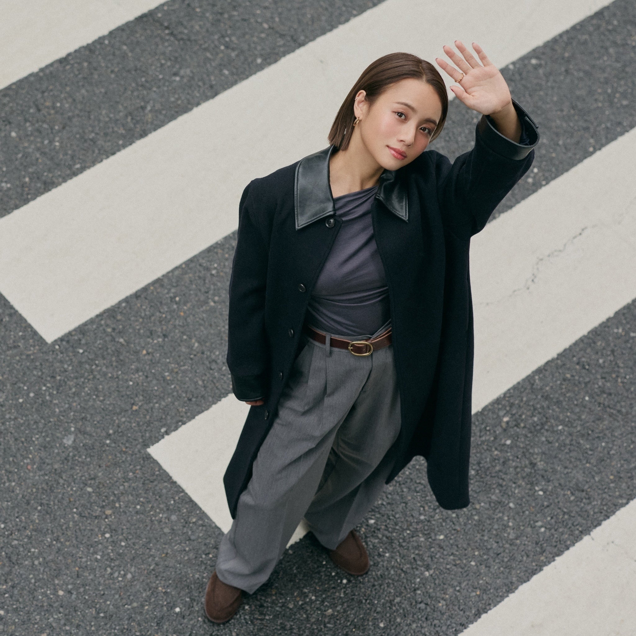 Collab leather collar wool coat