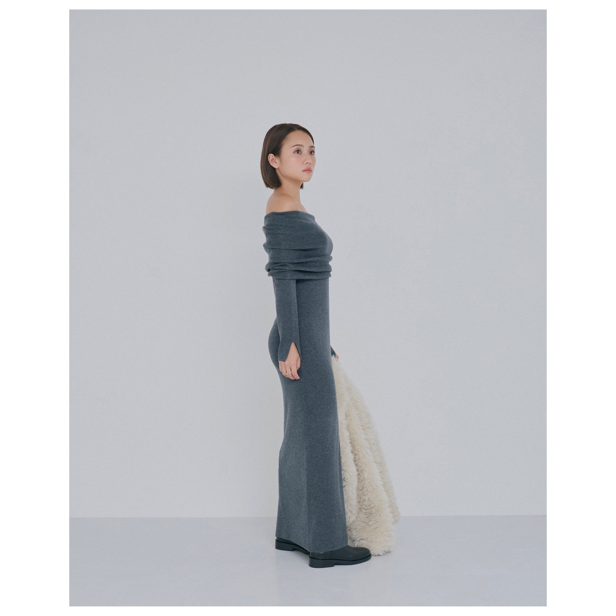 collab Silk wool off-the-shoulder knit dress