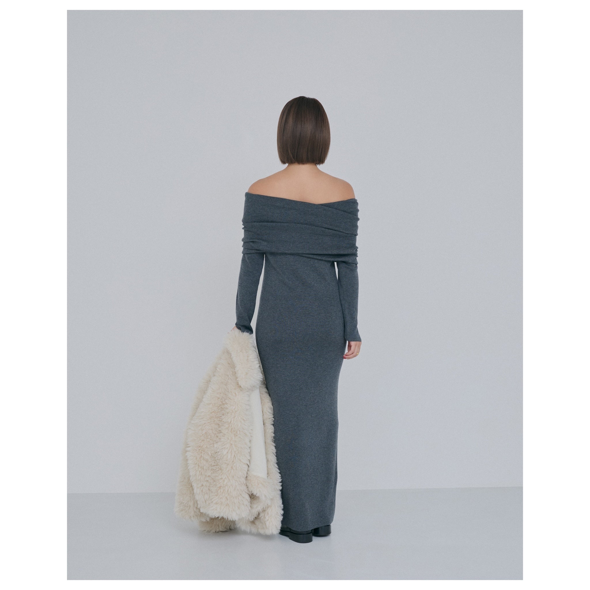 collab Silk wool off-the-shoulder knit dress