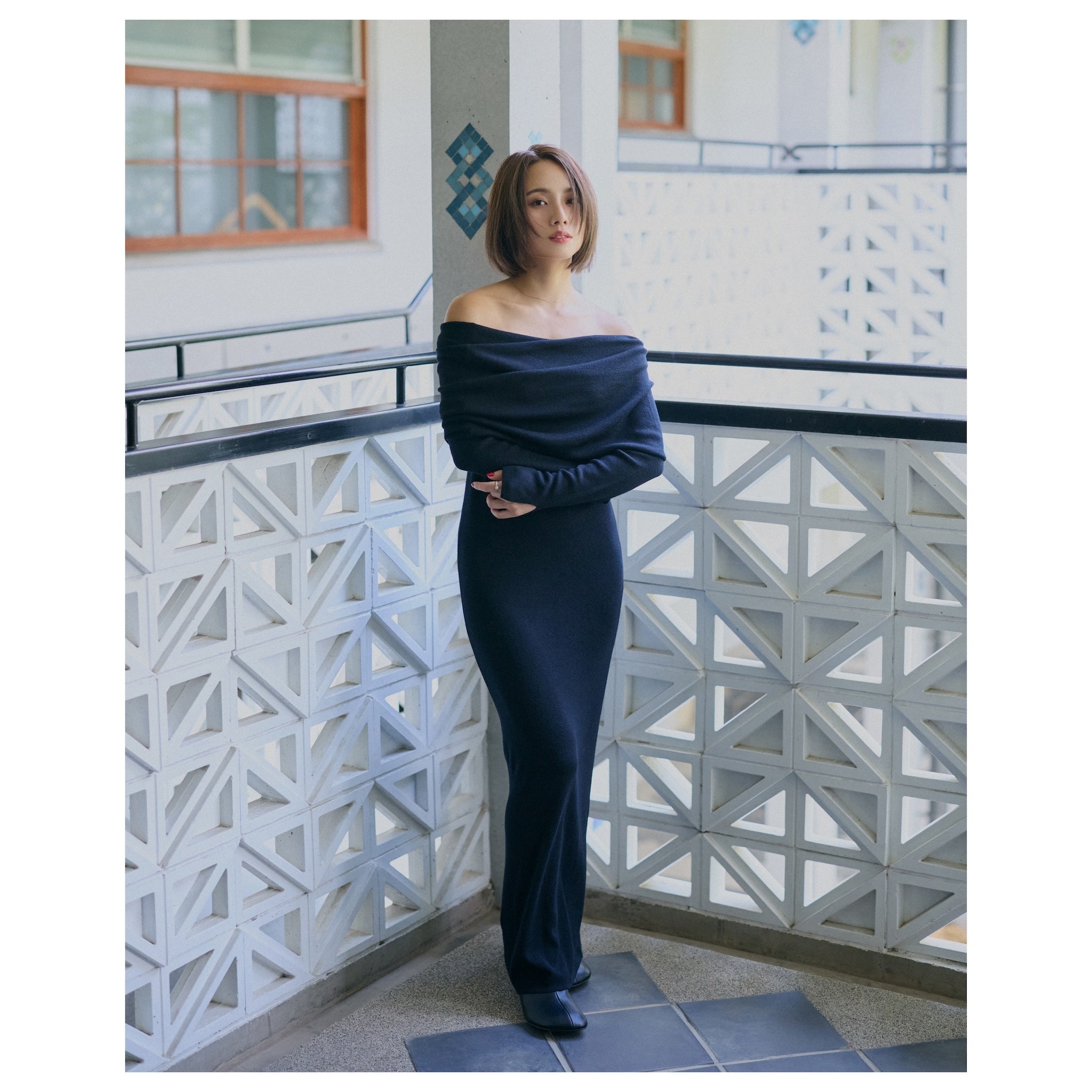 collab Silk wool off-the-shoulder knit dress