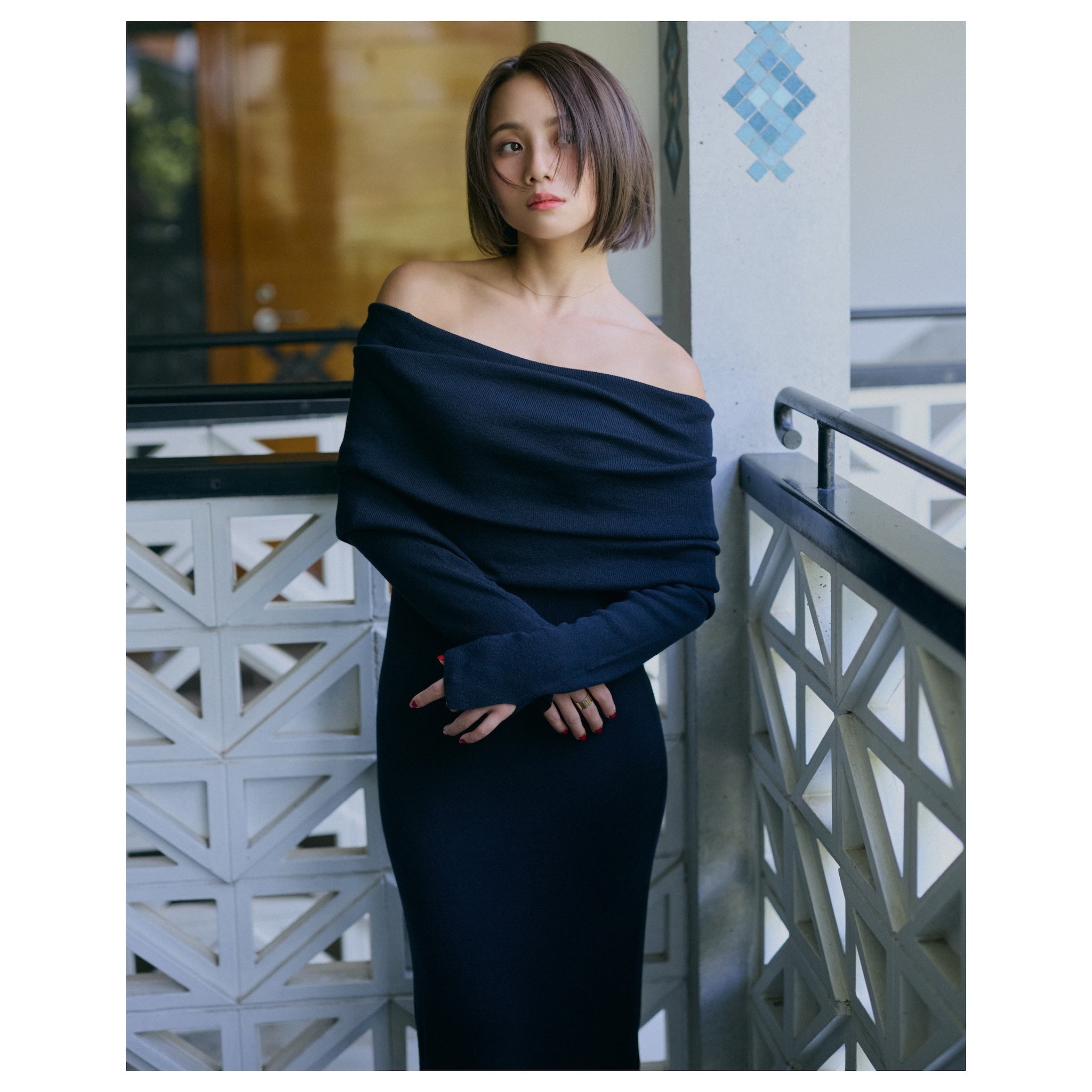 collab Silk wool off-the-shoulder knit dress