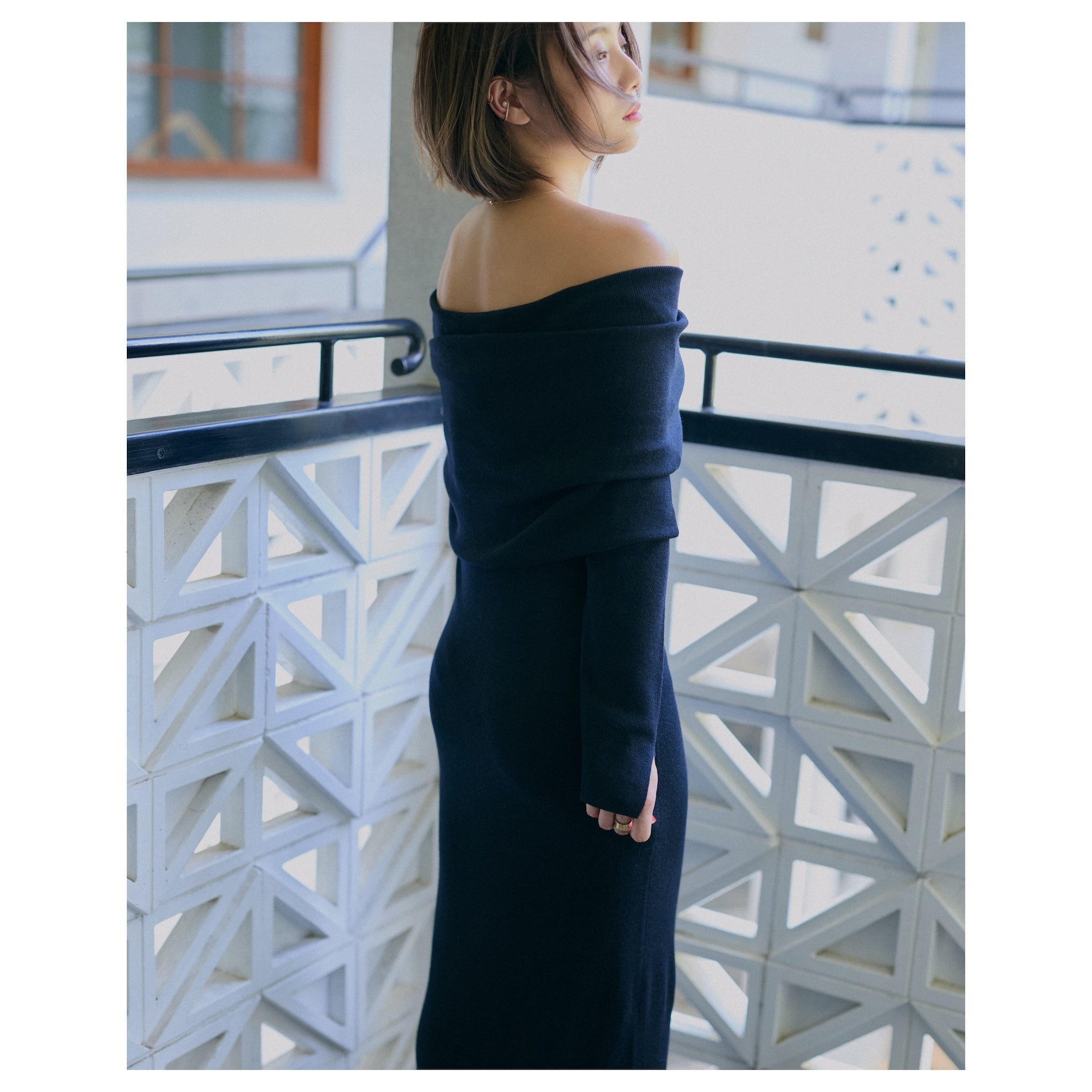 collab Silk wool off-the-shoulder knit dress