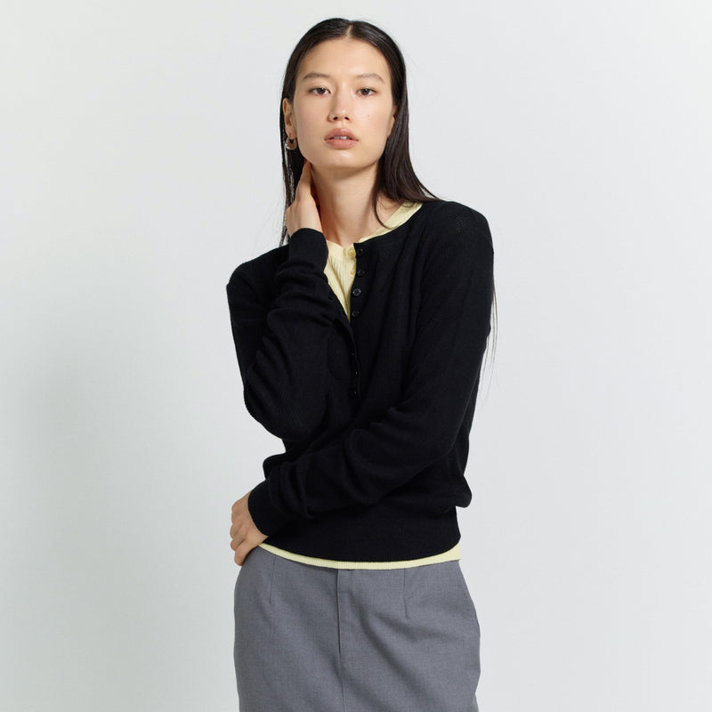 Henley Neck Ribbed Knit Pullover