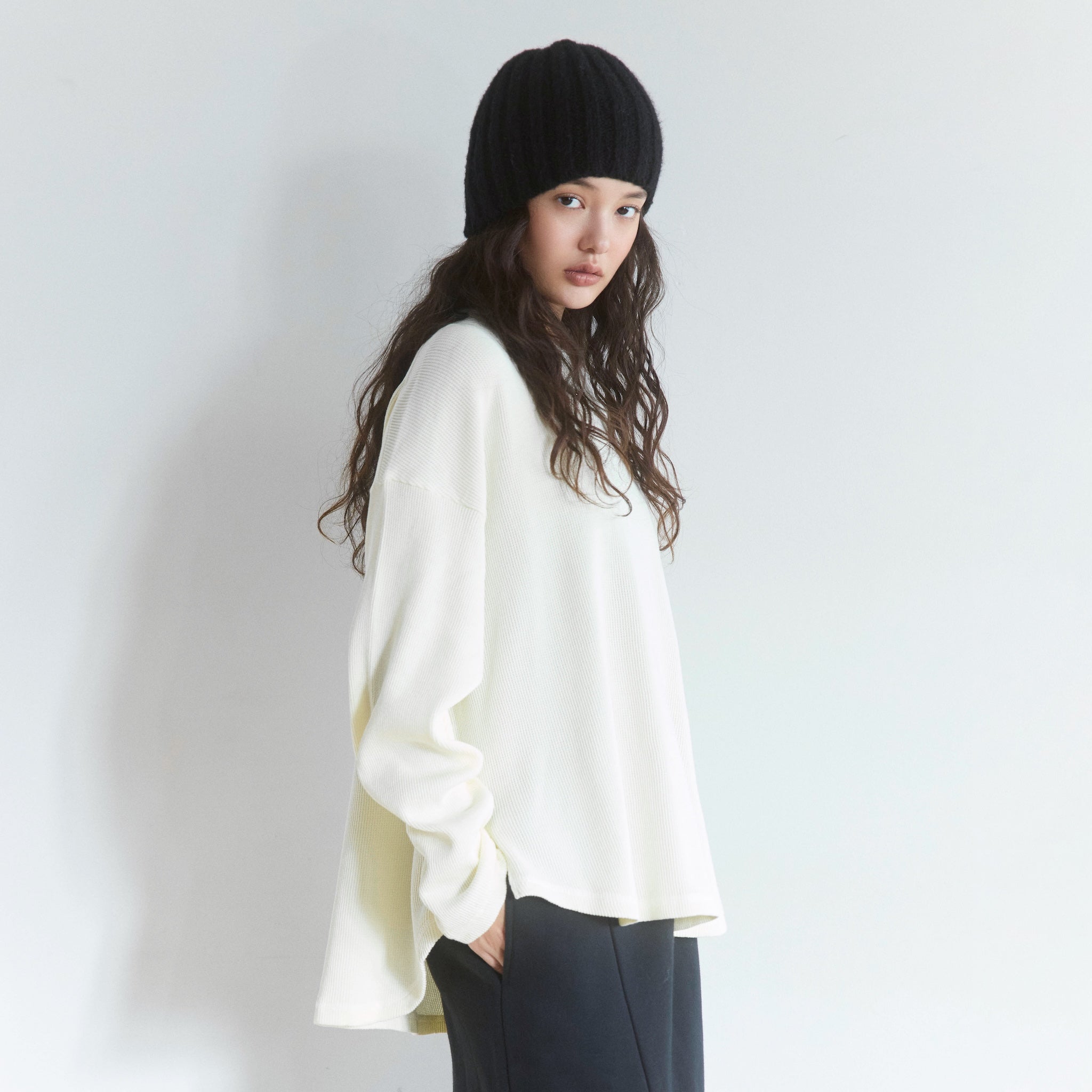 ラウンドヘムLooseワッフルロンT