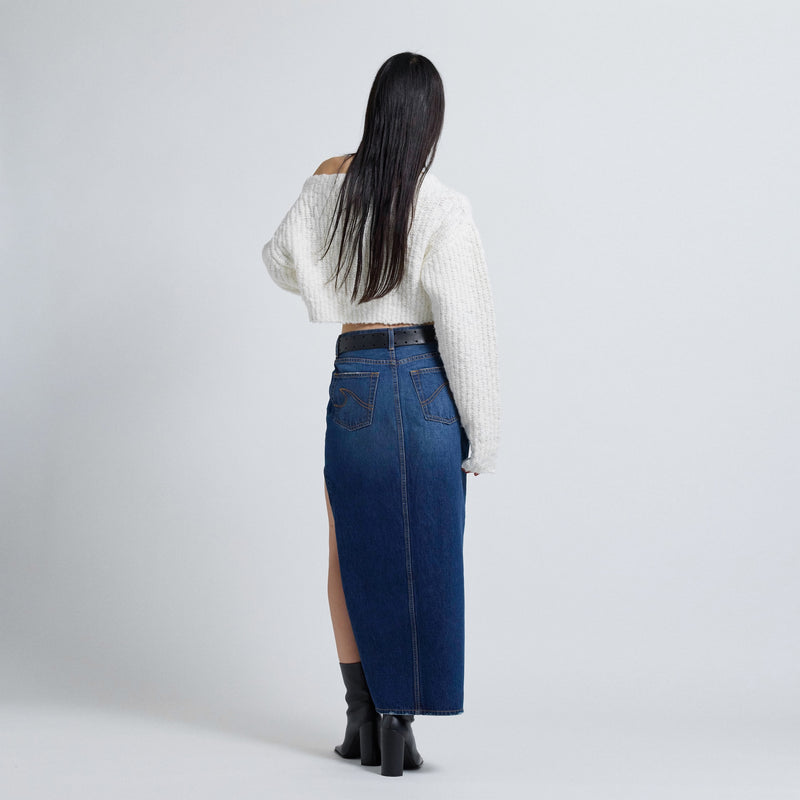 Curve-cut Denim Long Skirt