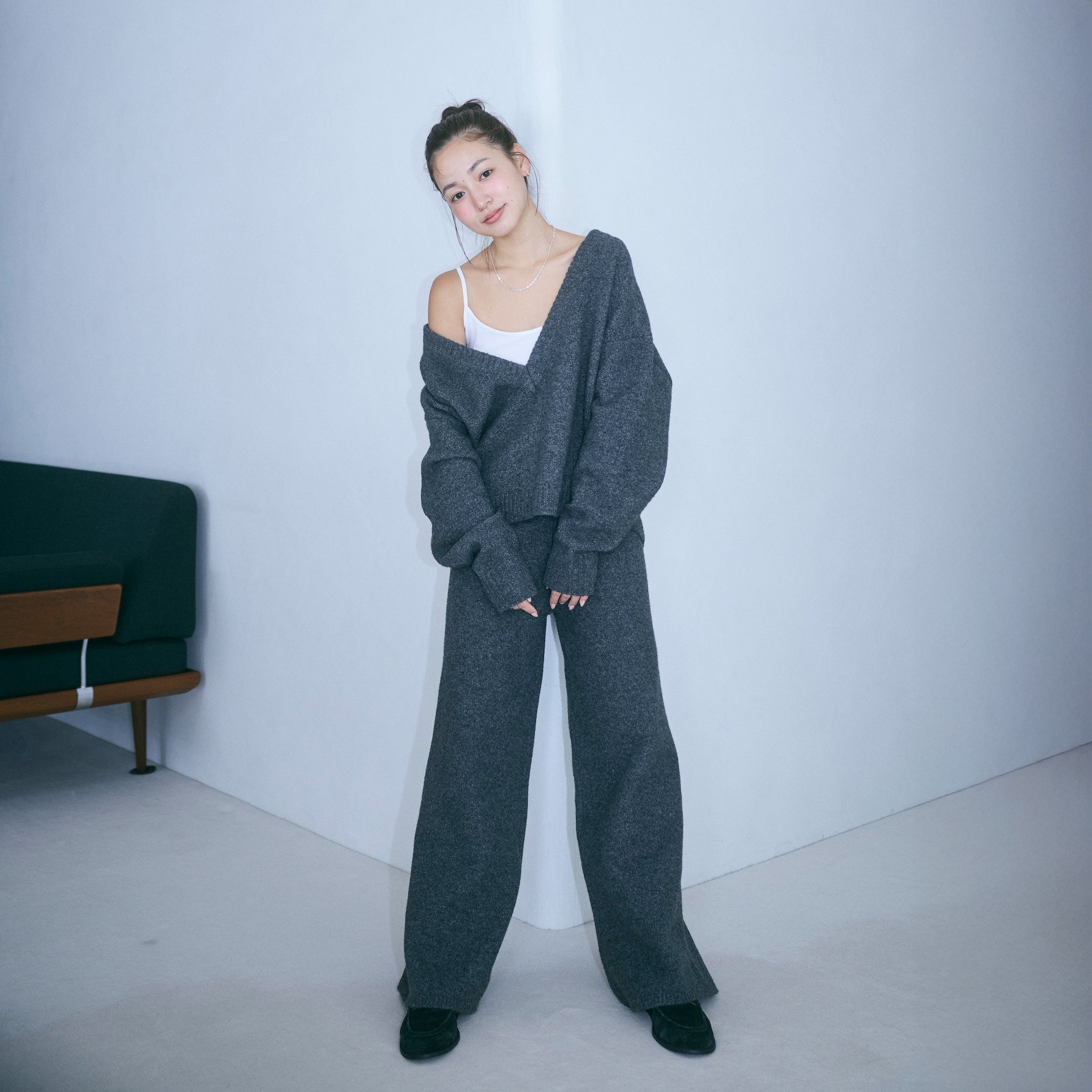 Wool mix deep V-neck top