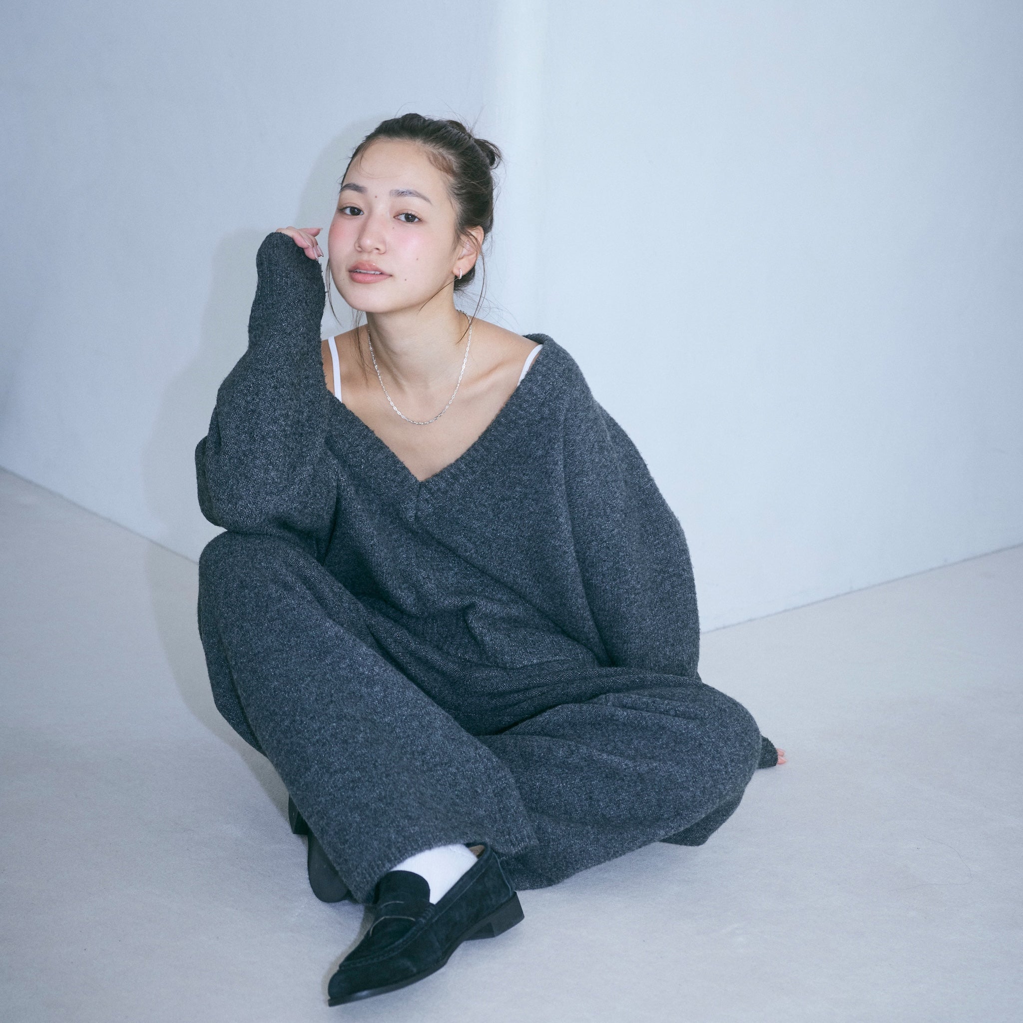 Wool mix deep V-neck top