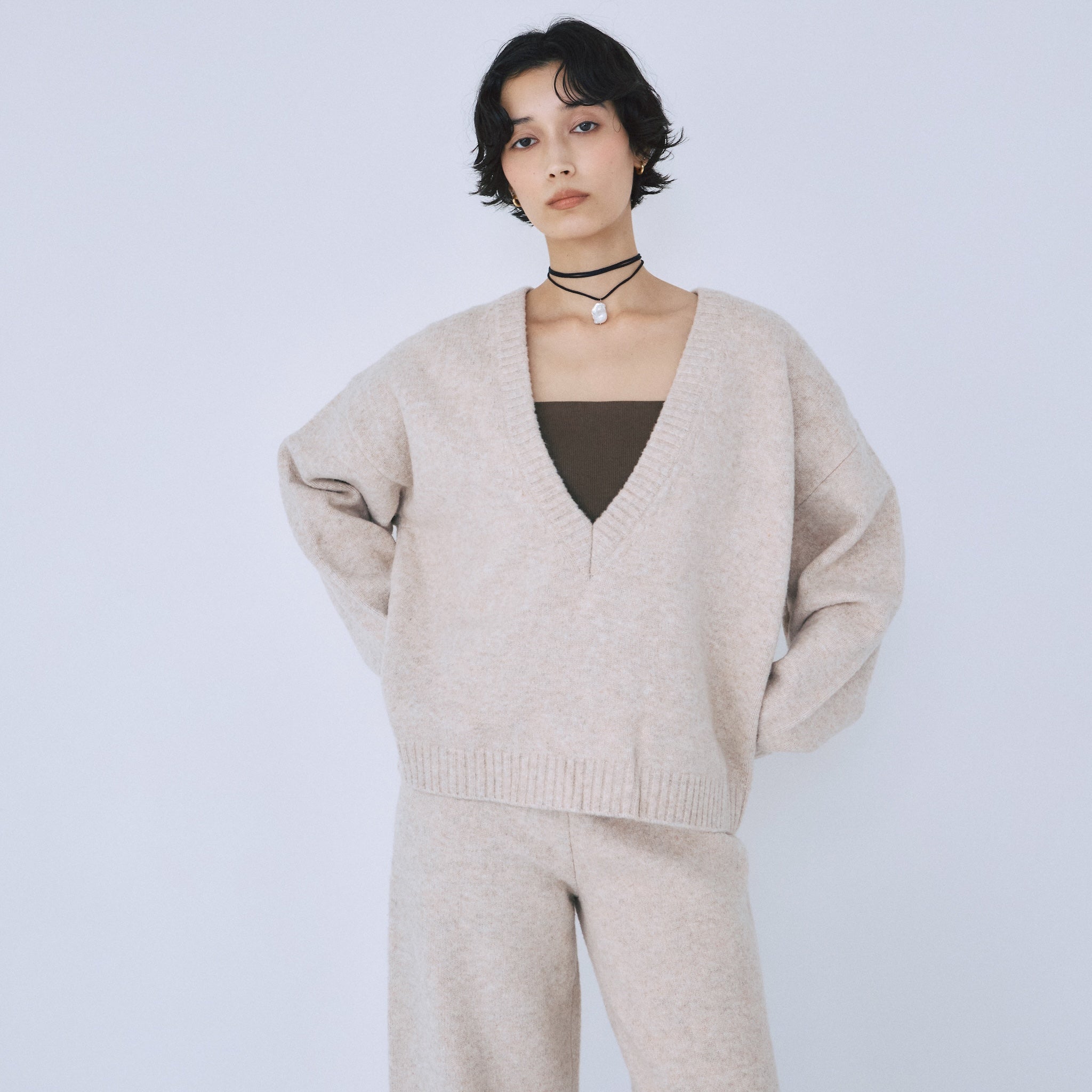 Wool mix deep V-neck top