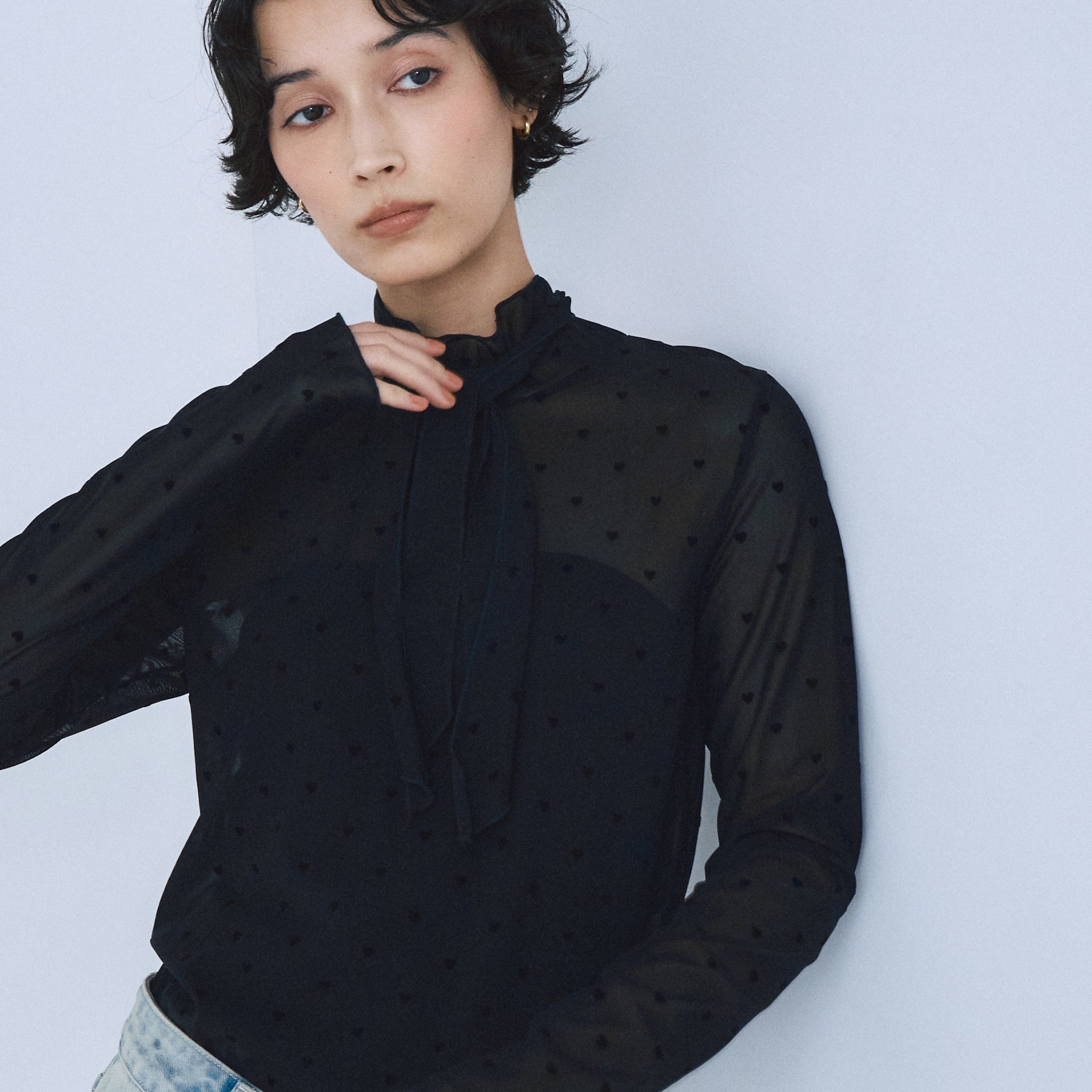 Flocked Multi Pattern High Neck Top