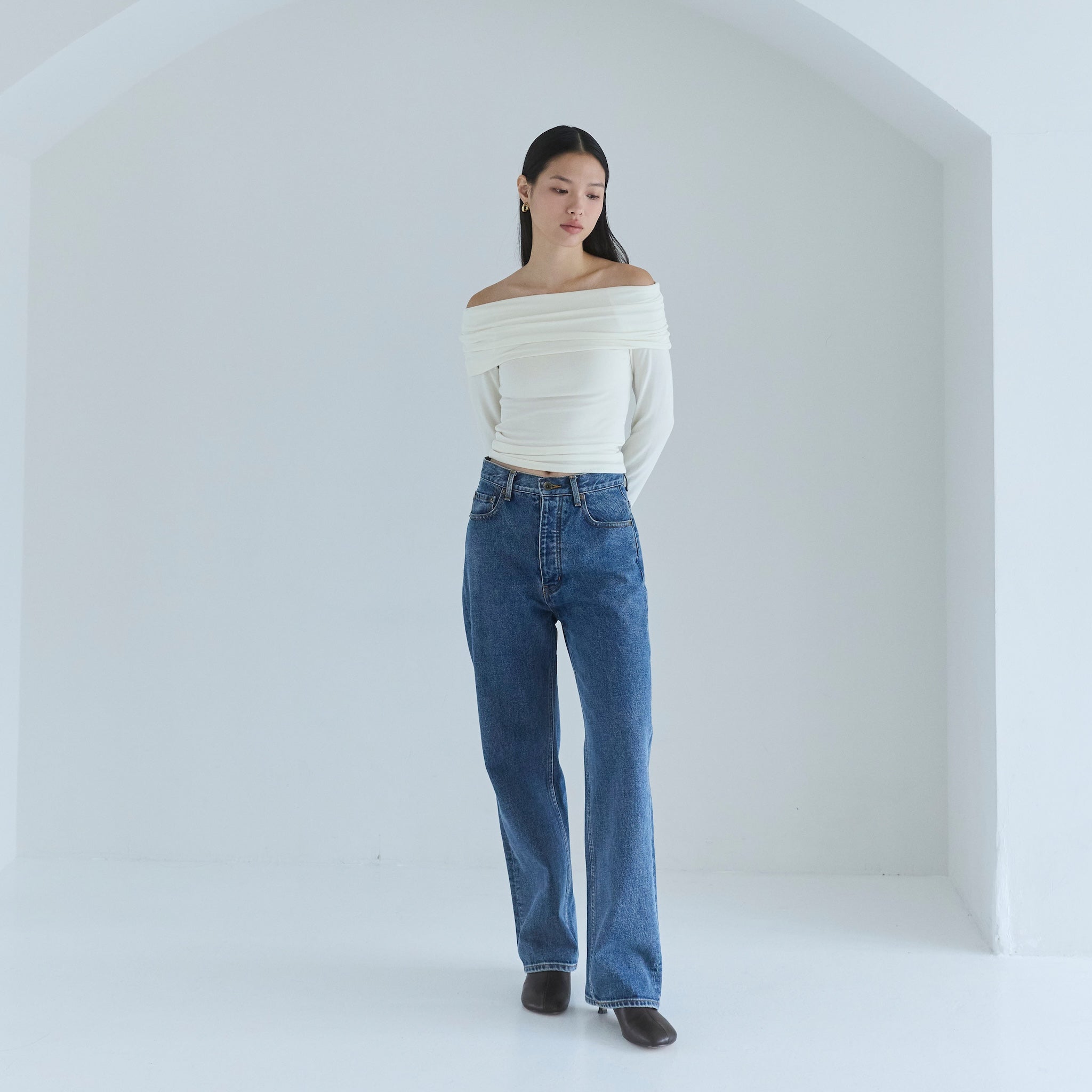 Softtouchオフショルギャザートップス