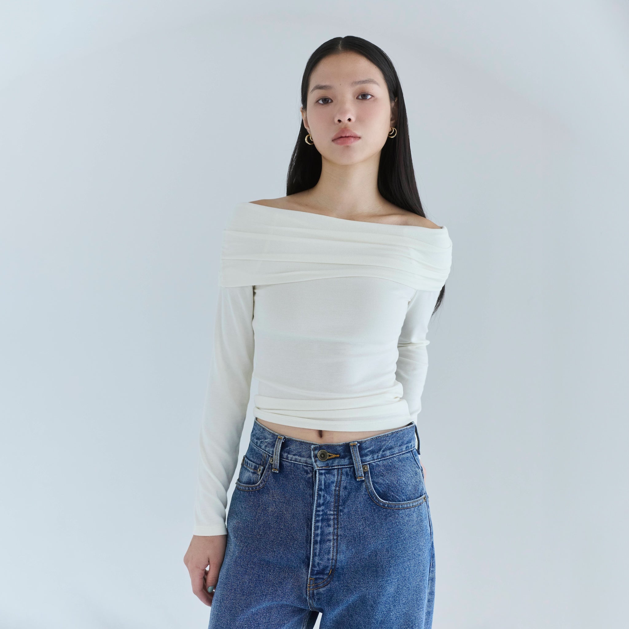 Softtouchオフショルギャザートップス