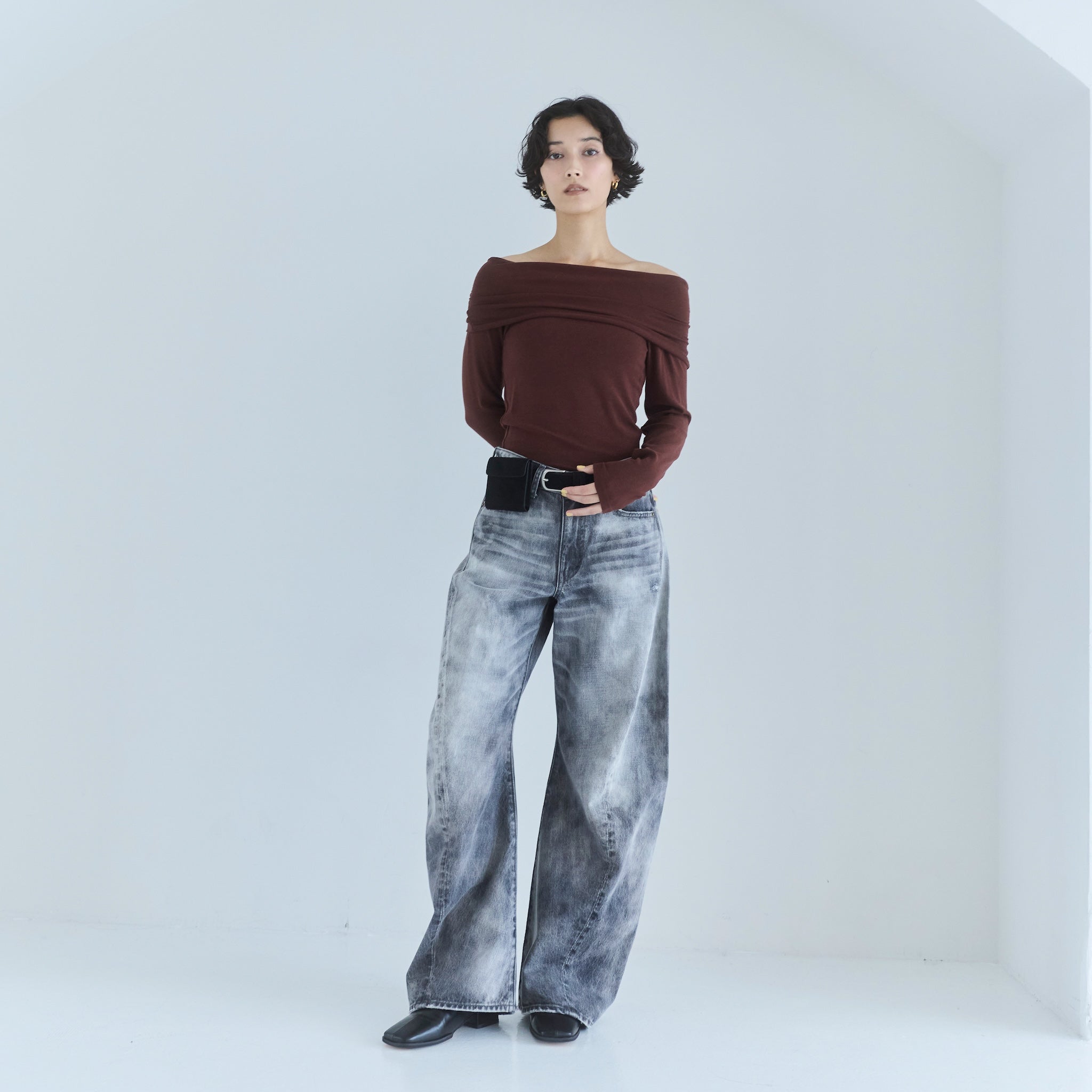 Softtouchオフショルギャザートップス