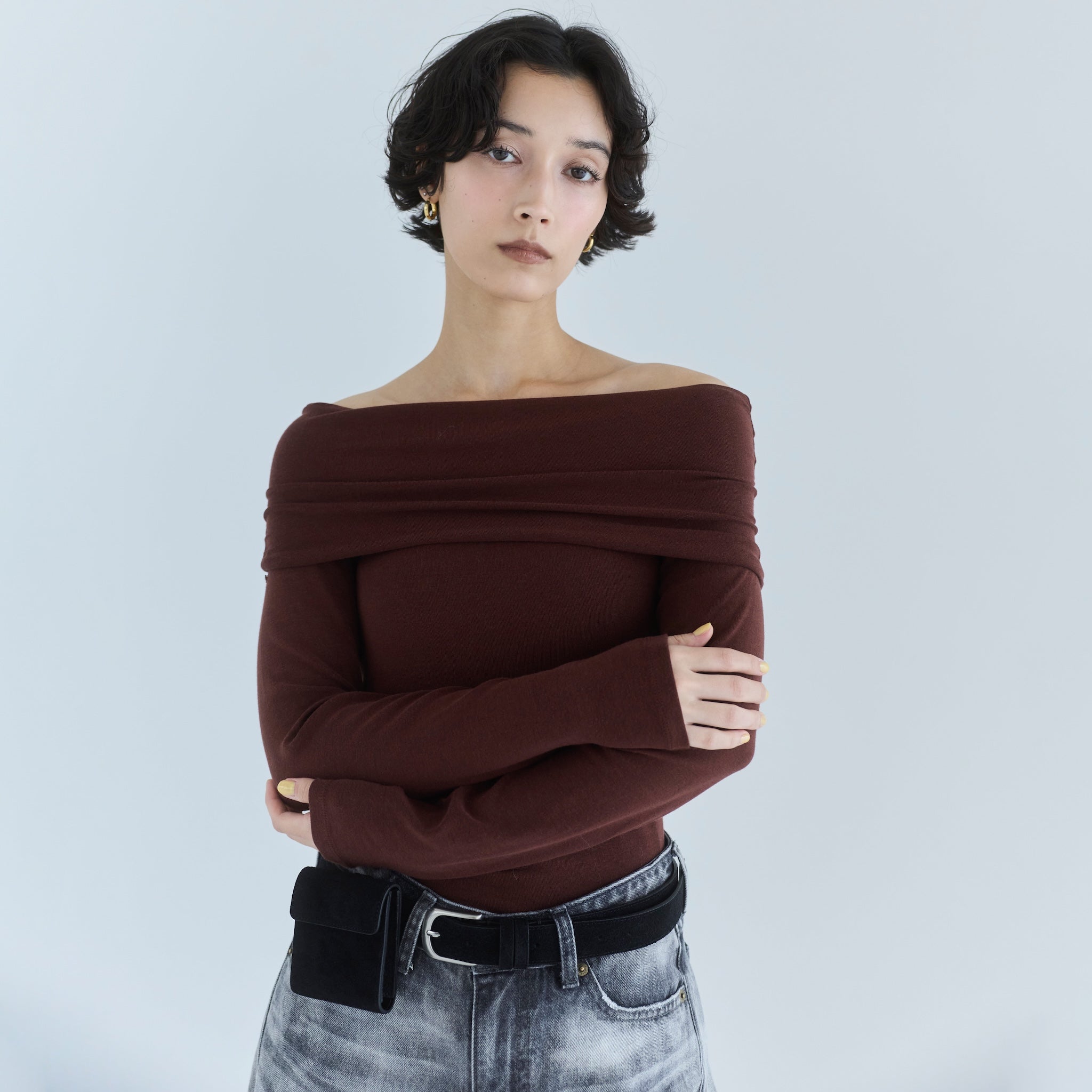 Softtouchオフショルギャザートップス