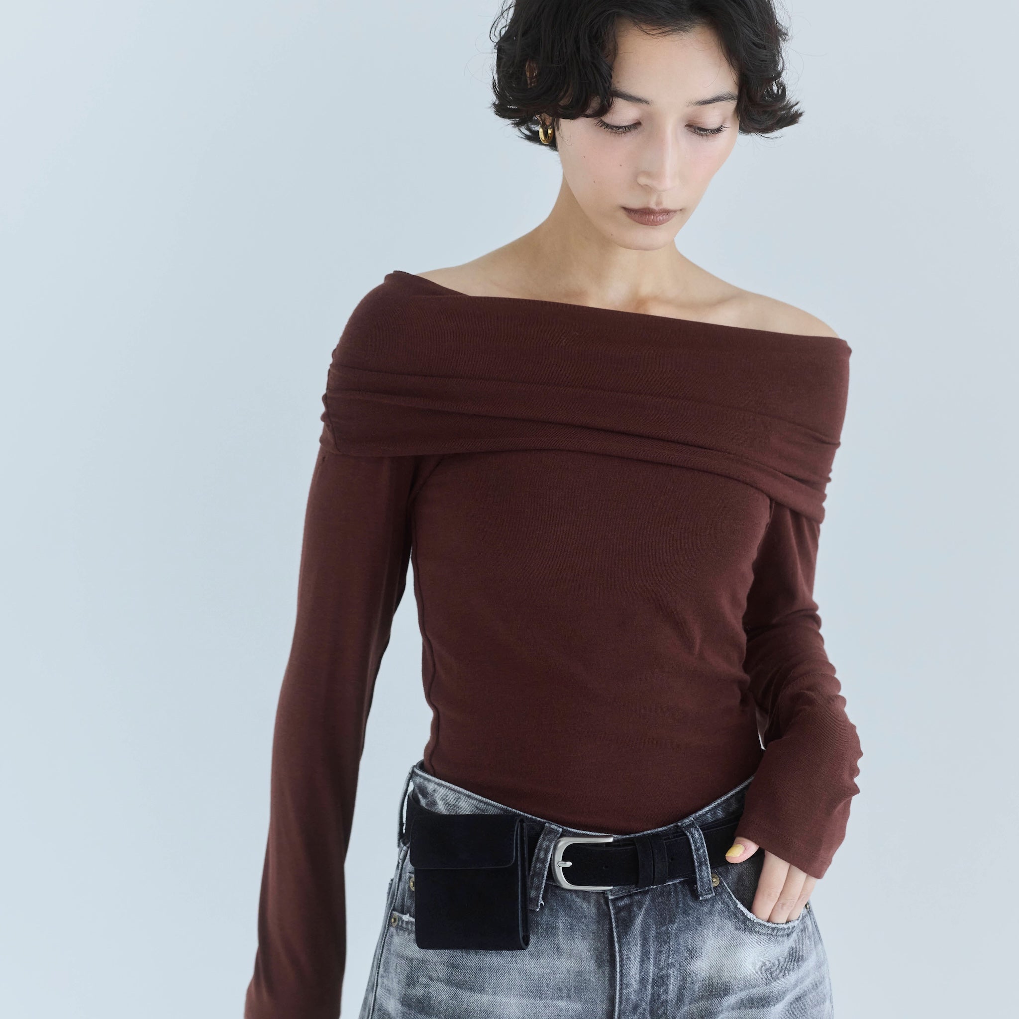 Softtouchオフショルギャザートップス