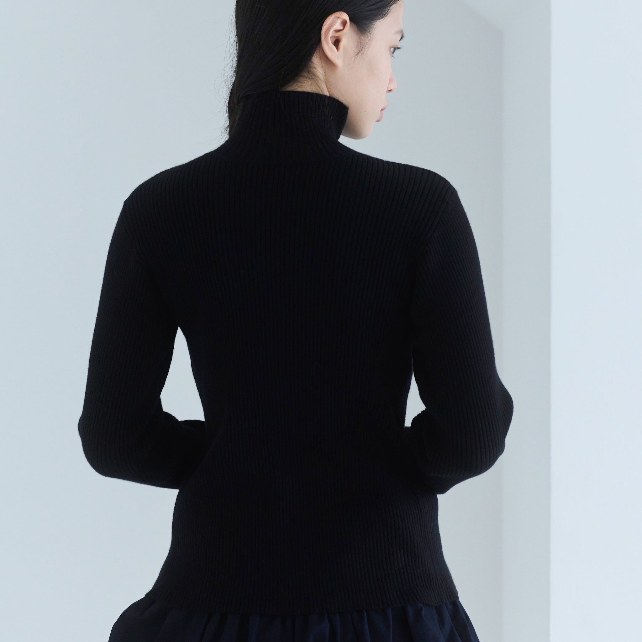 W Zip High Neck RIB Knit Top