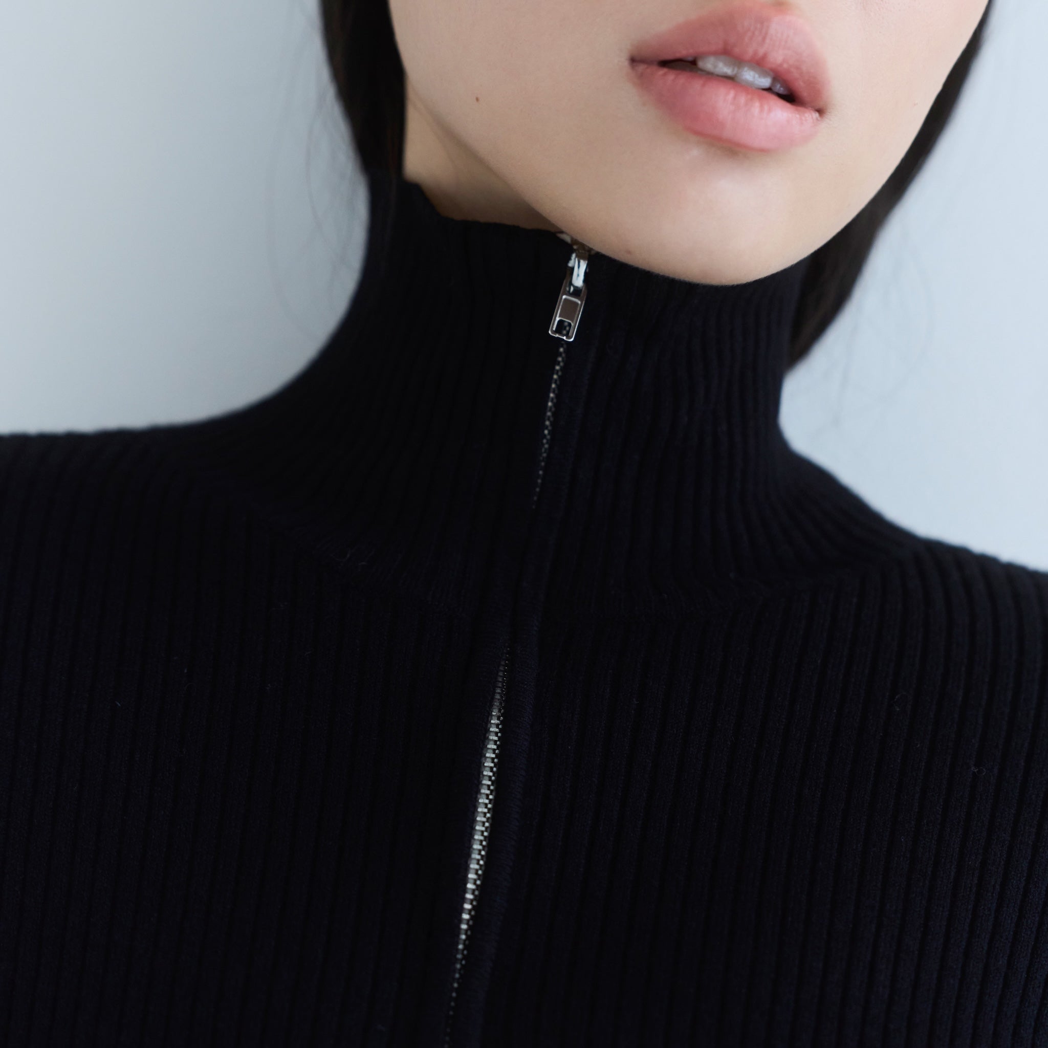 W Zip High Neck RIB Knit Top