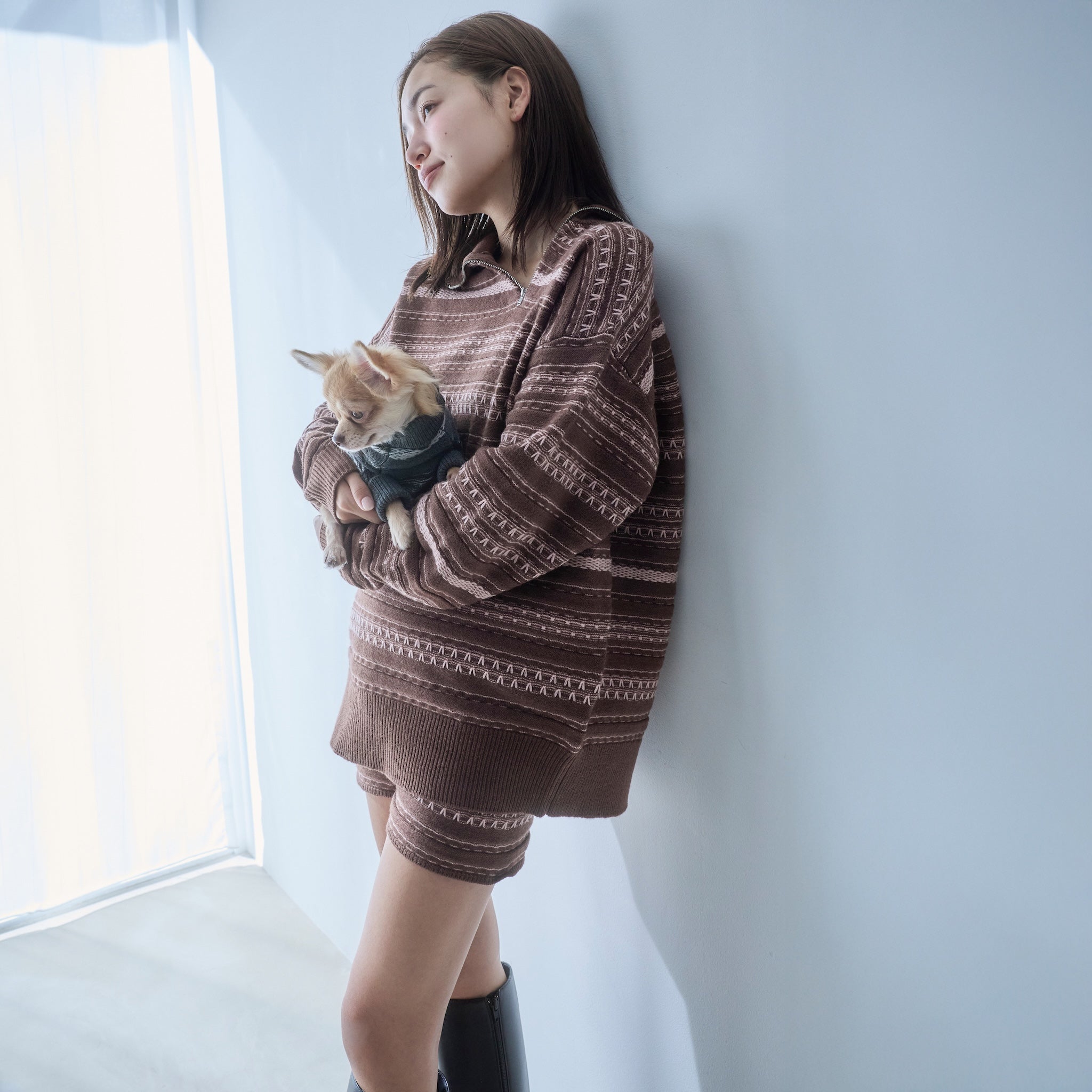 Jacquard knit zip high neck top